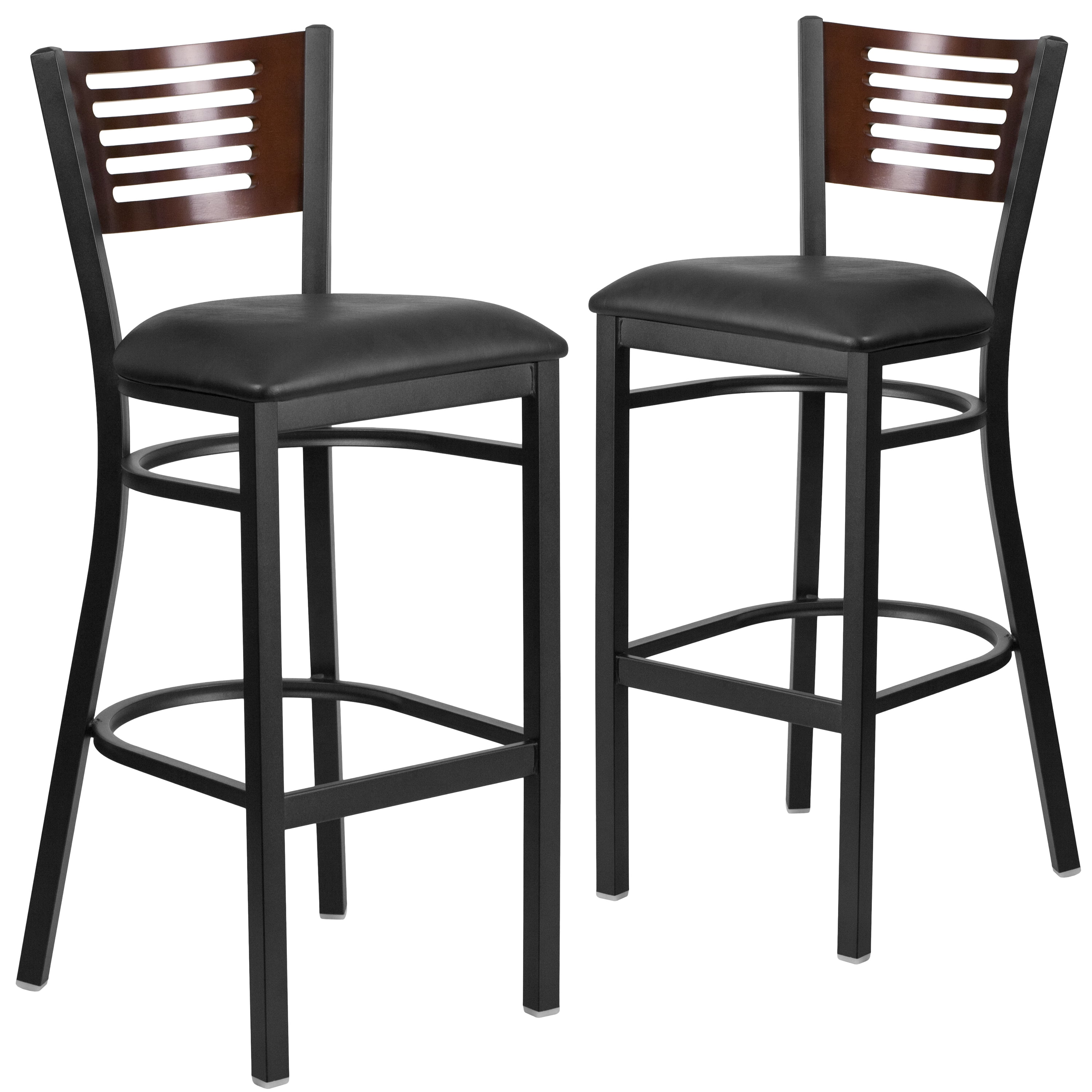 Flash Furniture 2 Pk. HERCULES Series Black Slat Back Metal Restaurant Barstool - Walnut Wood Back, Black Vinyl Seat