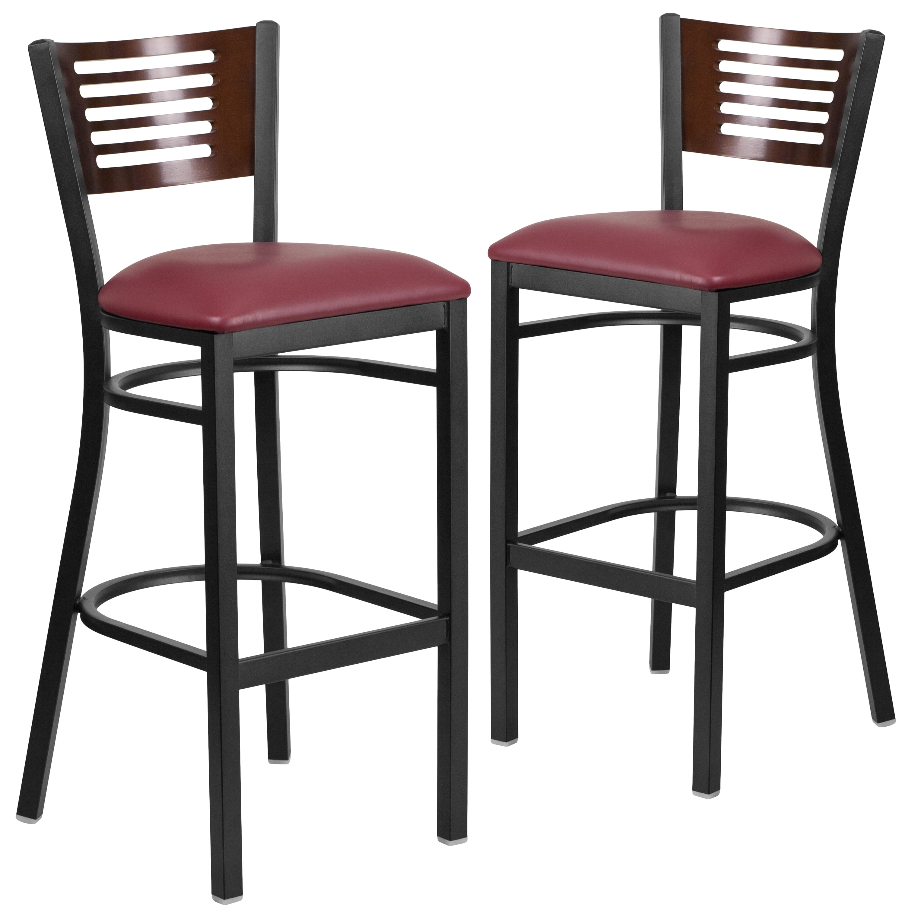 Flash Furniture 2 Pk. HERCULES Series Black Slat Back Metal Restaurant Barstool - Walnut Wood Back, Burgundy Vinyl Seat
