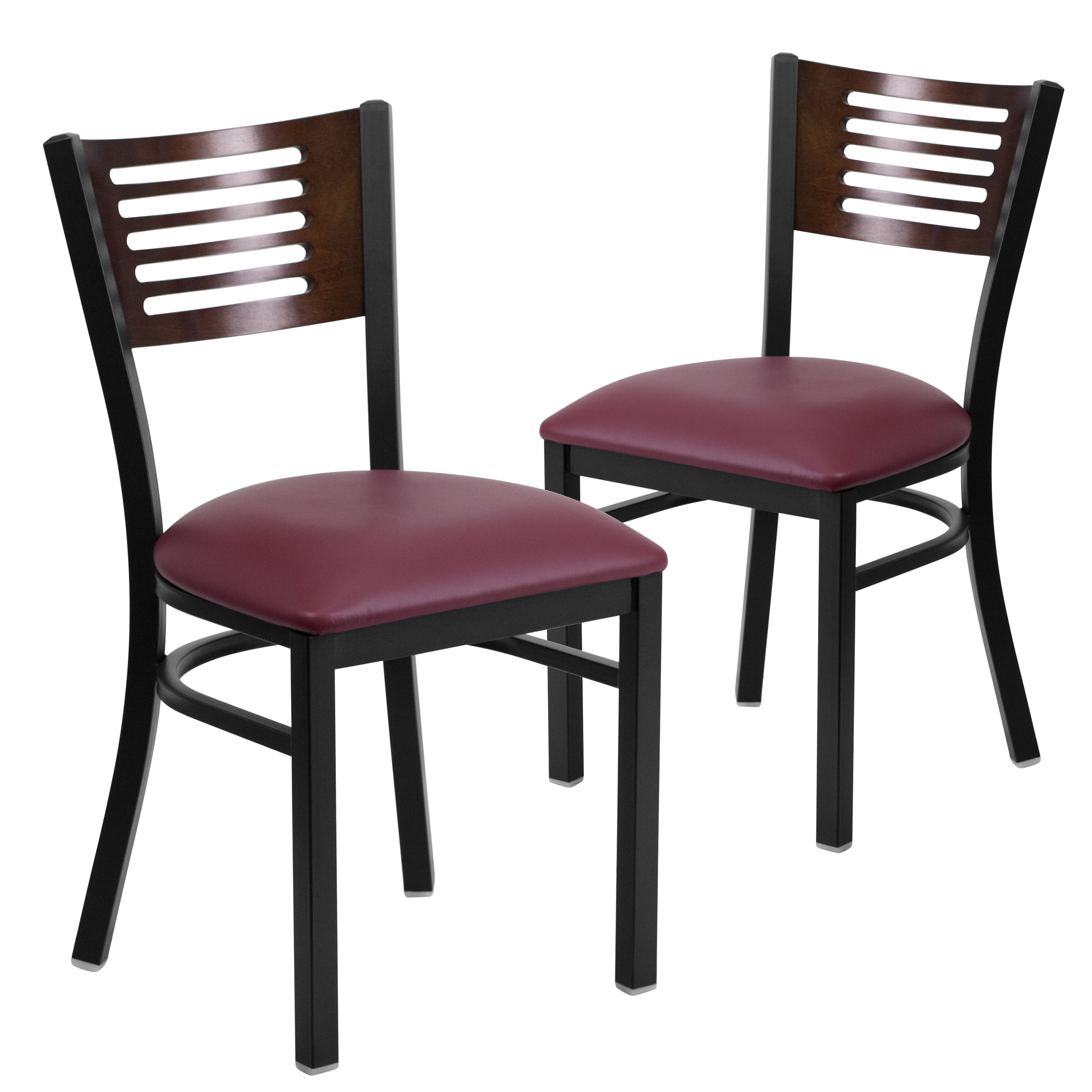 Flash Furniture 2 Pk. HERCULES Series Black Slat Back Metal Restaurant Chair - Walnut Wood Back, Burgundy Vinyl Seat