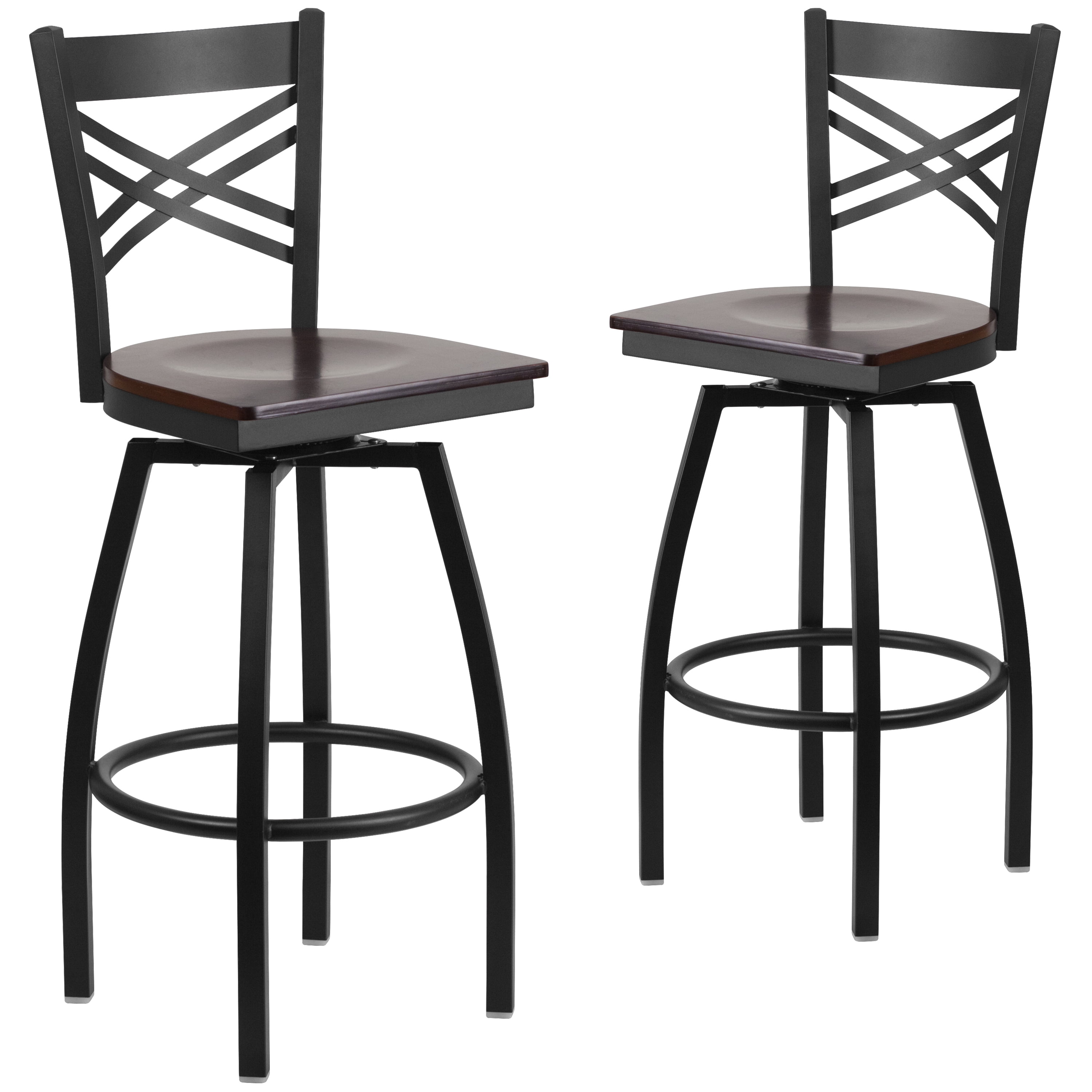 Flash Furniture 2 Pk. HERCULES Series Black ''X'' Back Swivel Metal Barstool - Walnut Wood Seat