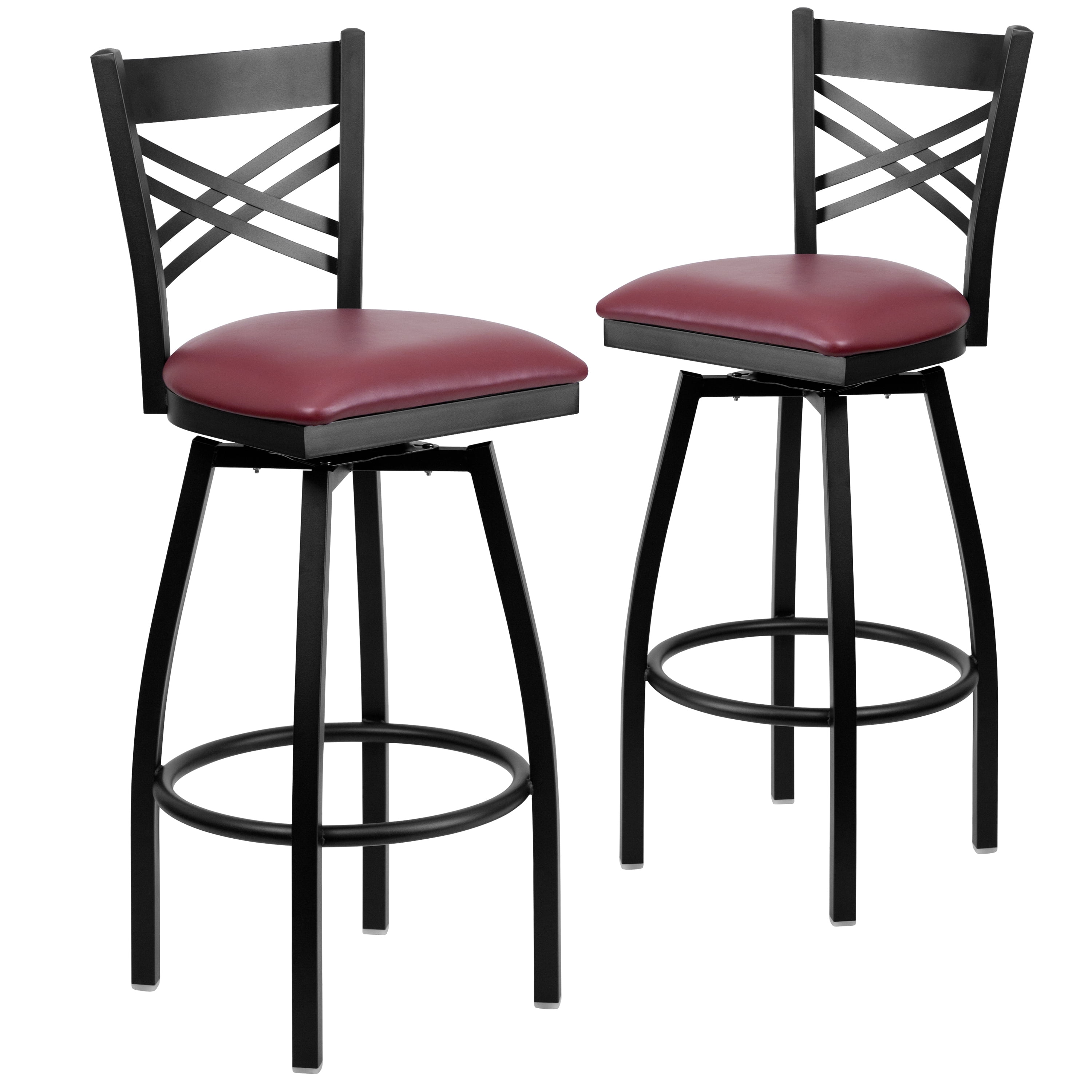 Flash Furniture 2 Pk. HERCULES Series Black ''X'' Back Swivel Metal Barstool - Burgundy Vinyl Seat