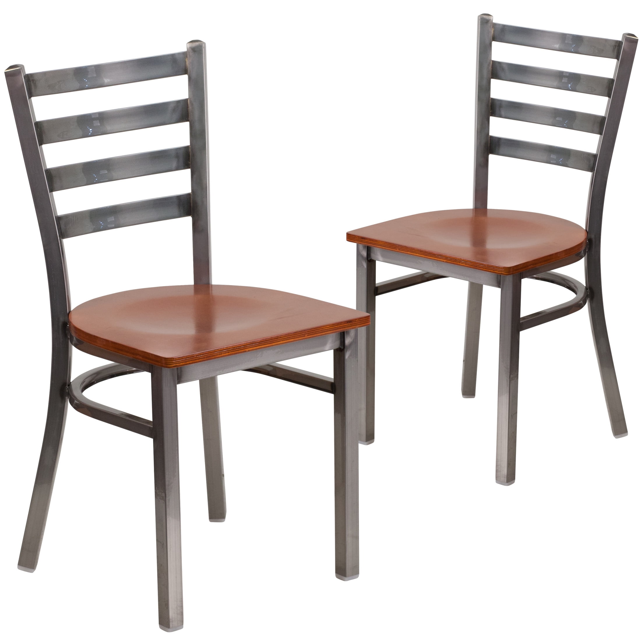 Flash Furniture 2 Pk. HERCULES Series Silver Antique Finish with Clear Coat Ladder Back Metal Restaurant Chair - Cherry Wood Seat