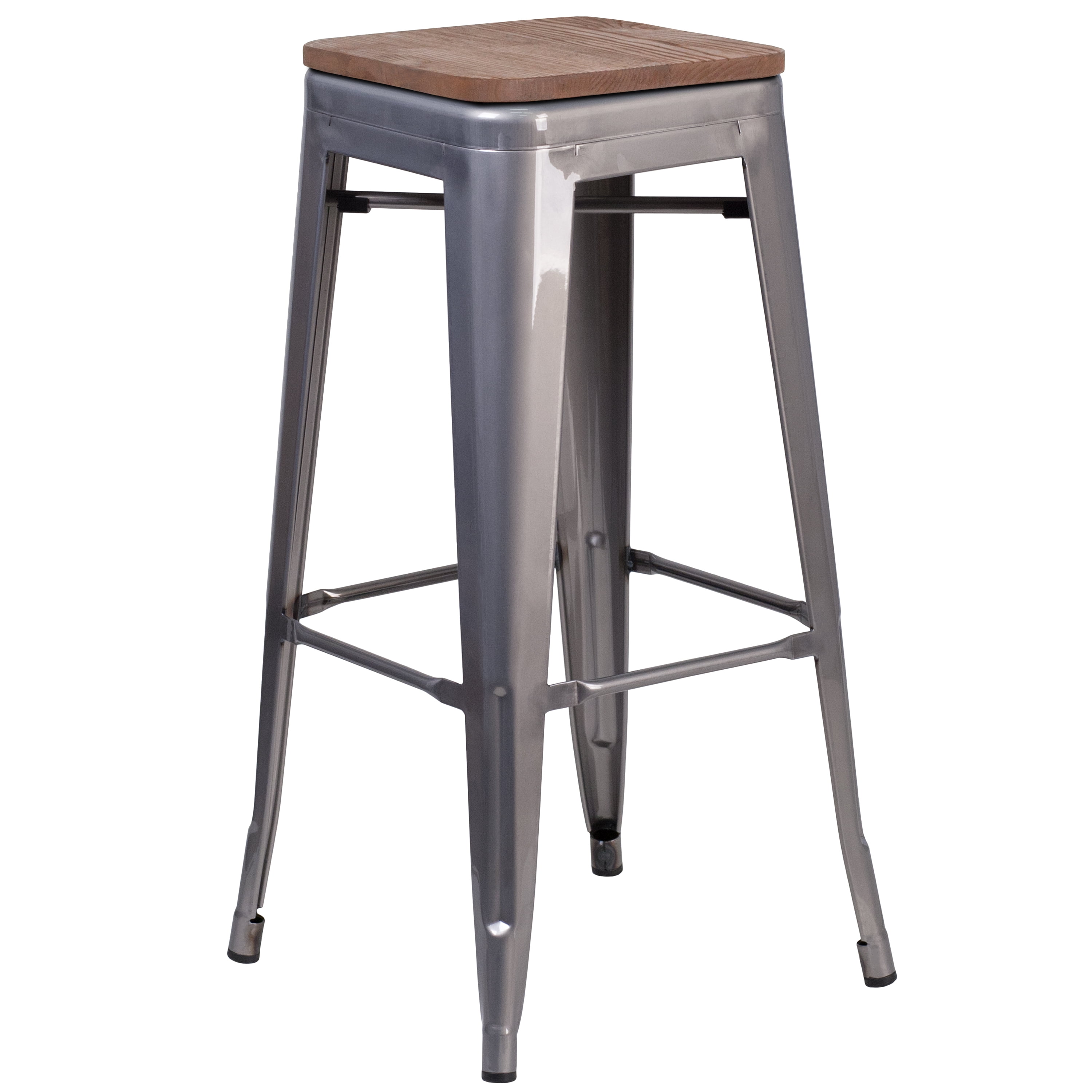 Flash Furniture Lincoln 30" High Backless Silver Antique Finish with Clear Coat Metal Barstool with Square Wood Seat