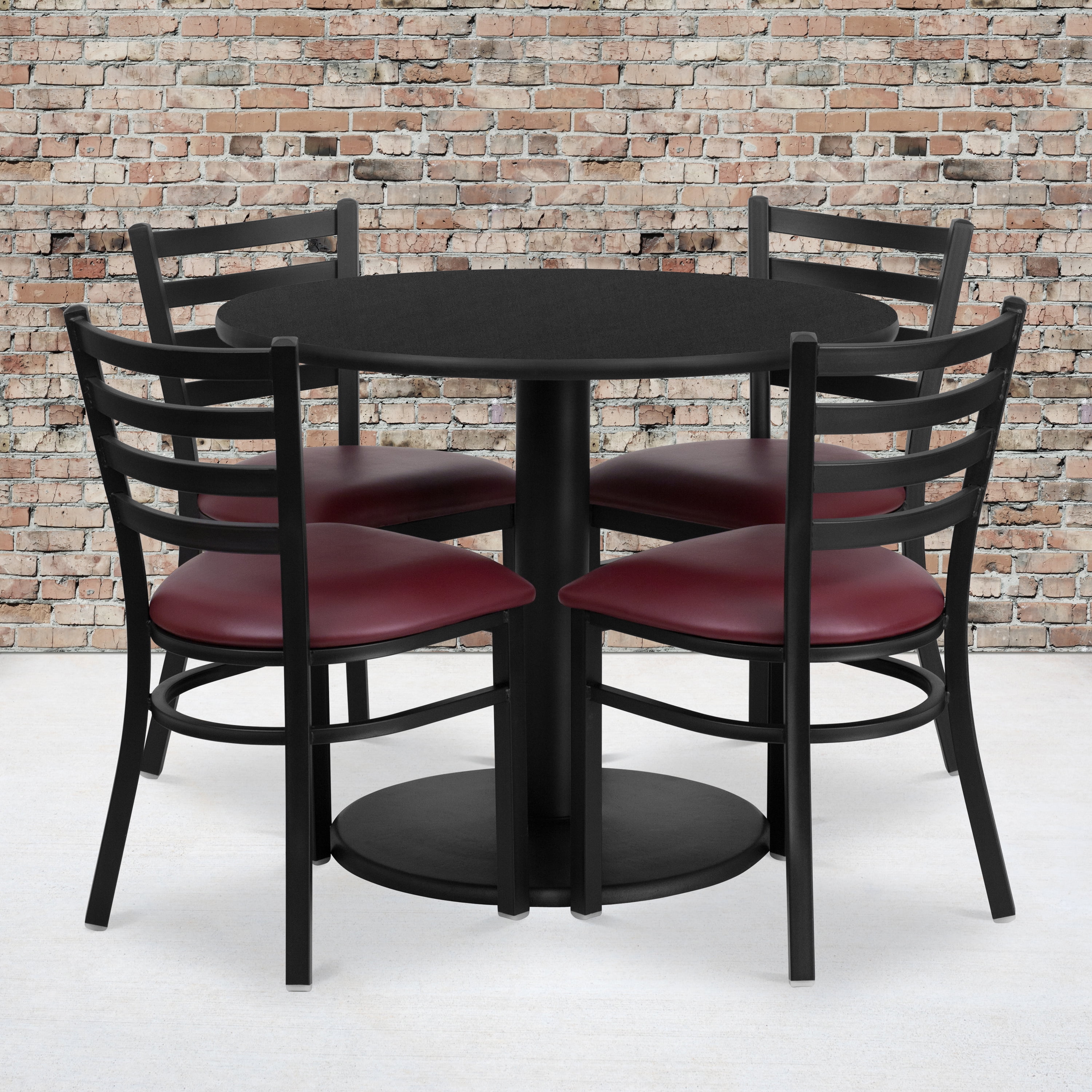 Flash Furniture 36'' Round Black Laminate Table Set with Round Base and 4 Ladder Back Metal Chairs - Burgundy Vinyl Seat