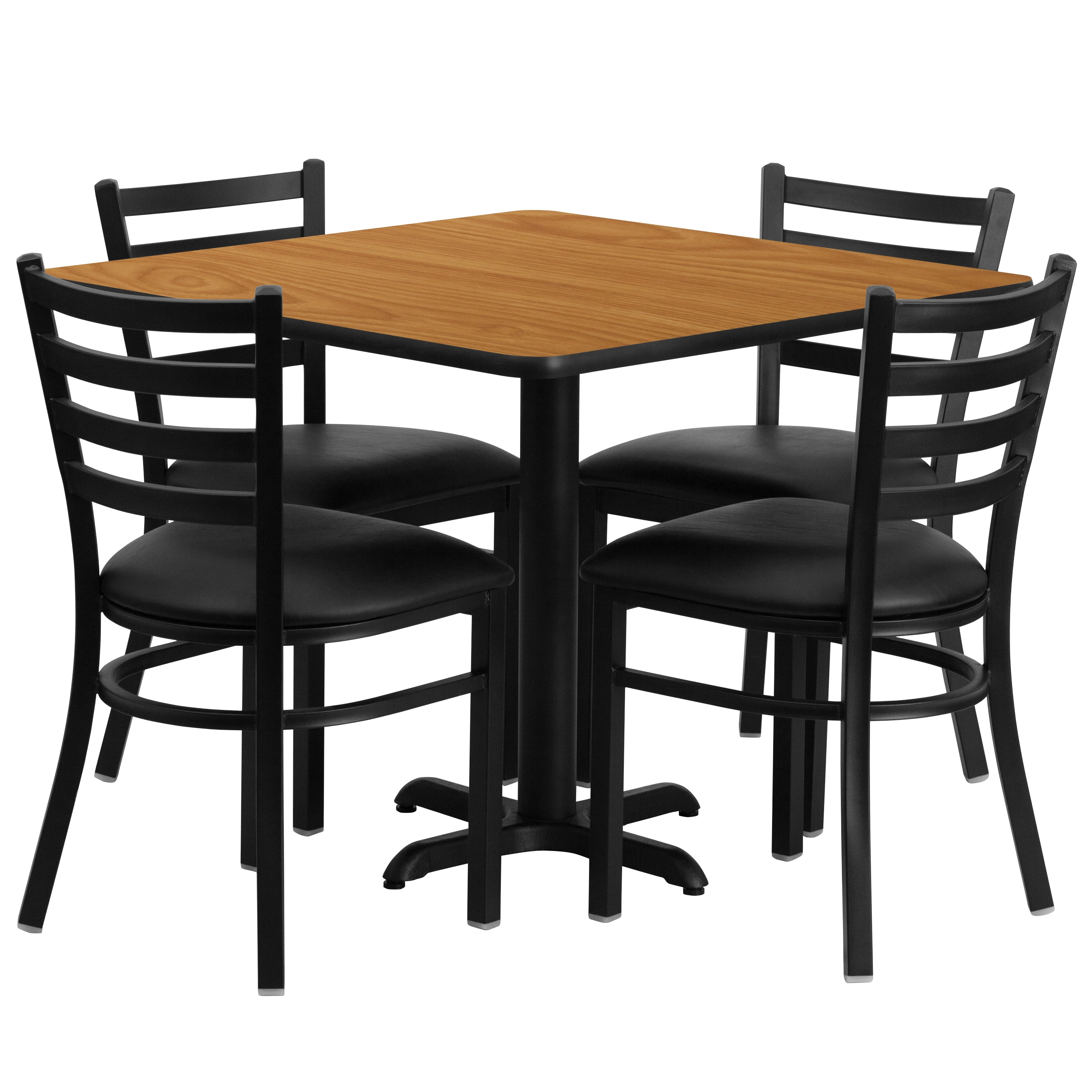 Flash Furniture 36'' Square Natural Laminate Table Set with X-Base and 4 Ladder Back Metal Chairs - Black Vinyl Seat