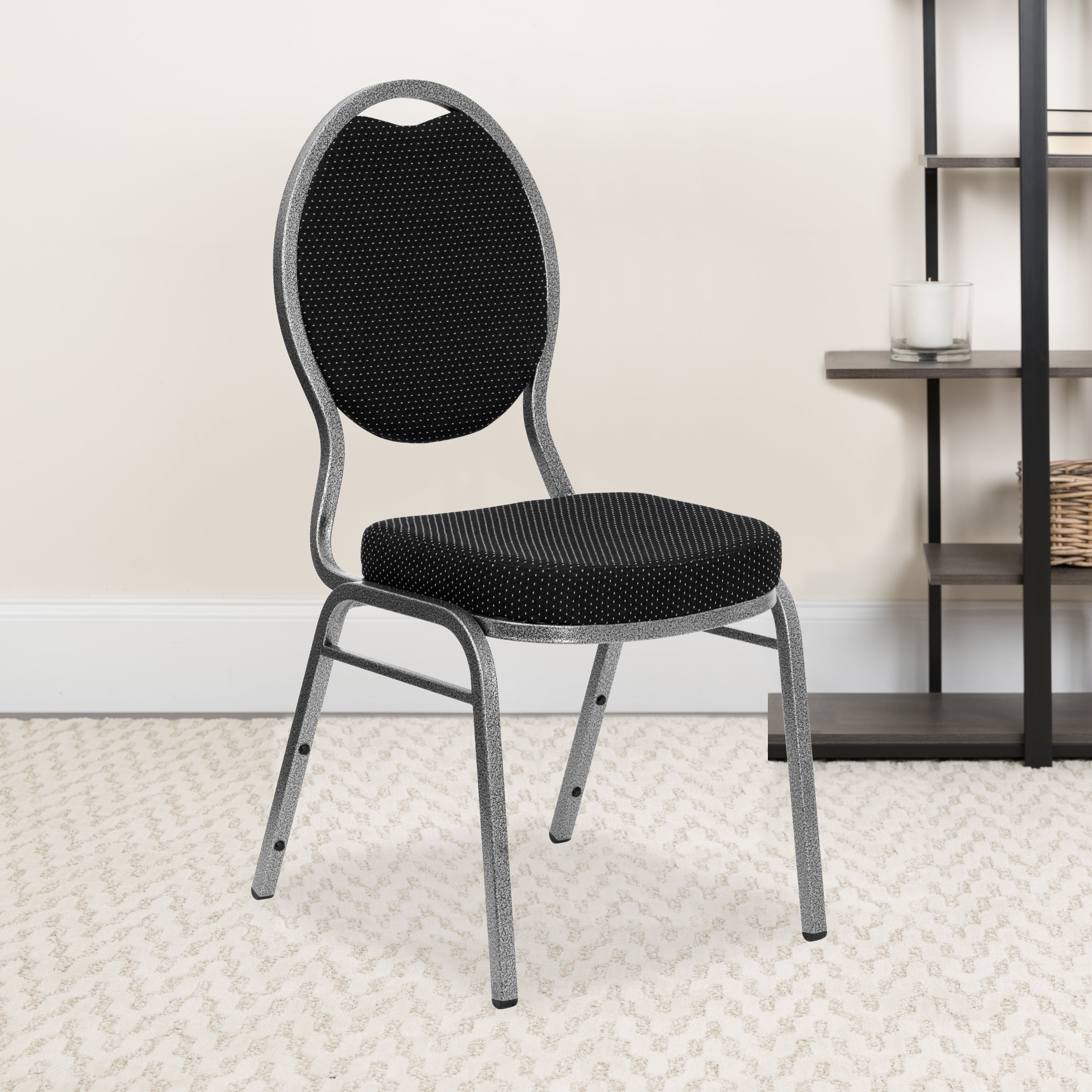 Flash Furniture 4 Pack HERCULES Series Teardrop Back Stacking Banquet Chair in Black Patterned Fabric - Silver Vein Frame