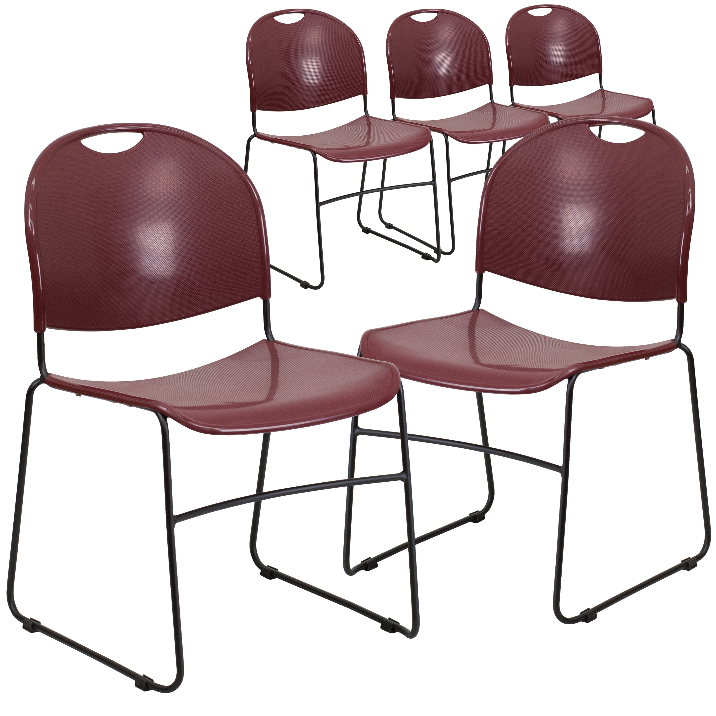 Flash Furniture 5 Pack HERCULES Series 880 lb. Capacity Burgundy Ultra-Compact Stack Chair with Black Powder Coated Frame