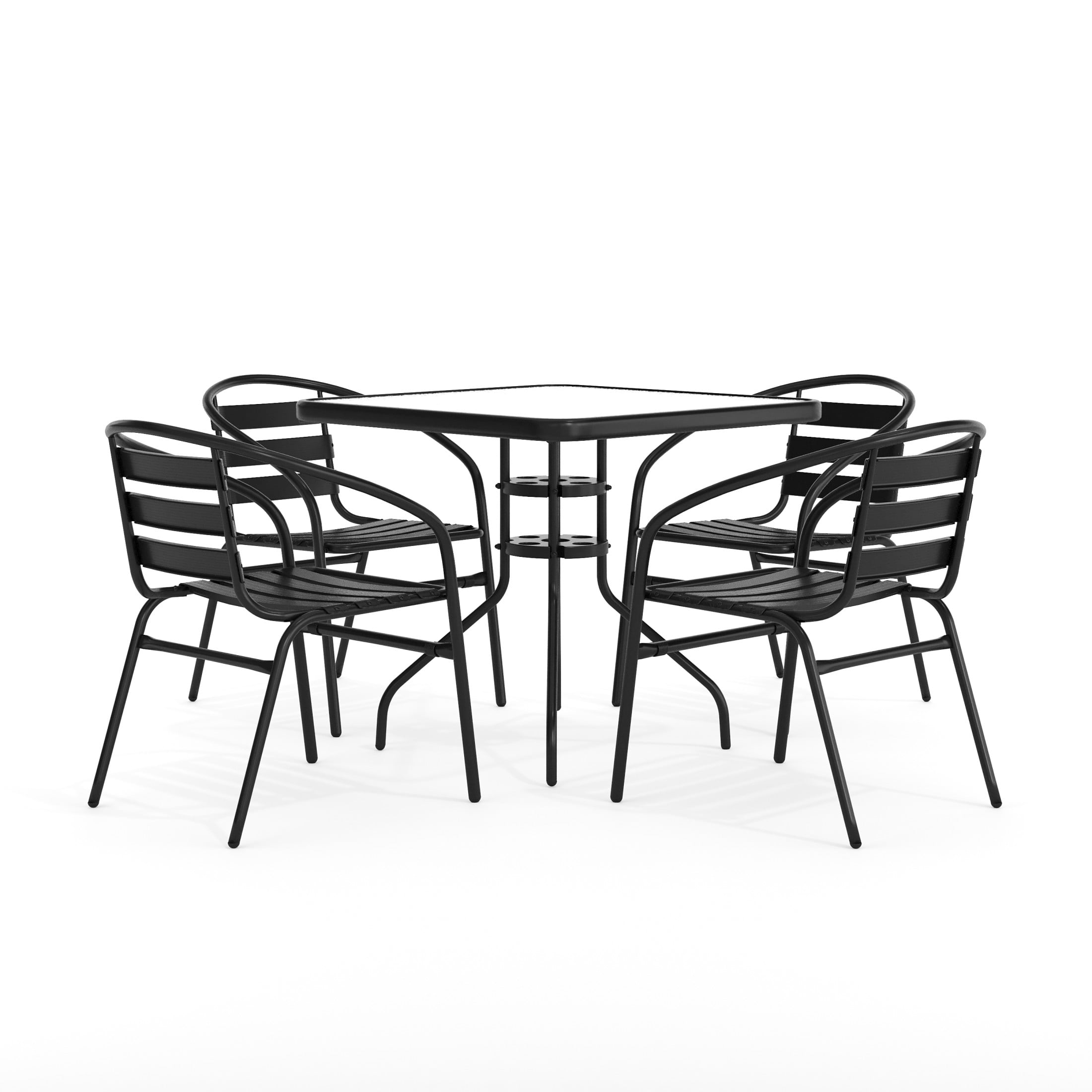 Flash Furniture 5-Piece Patio Dining Set with Square Glass Table and 4 Slat Back Chairs, Black