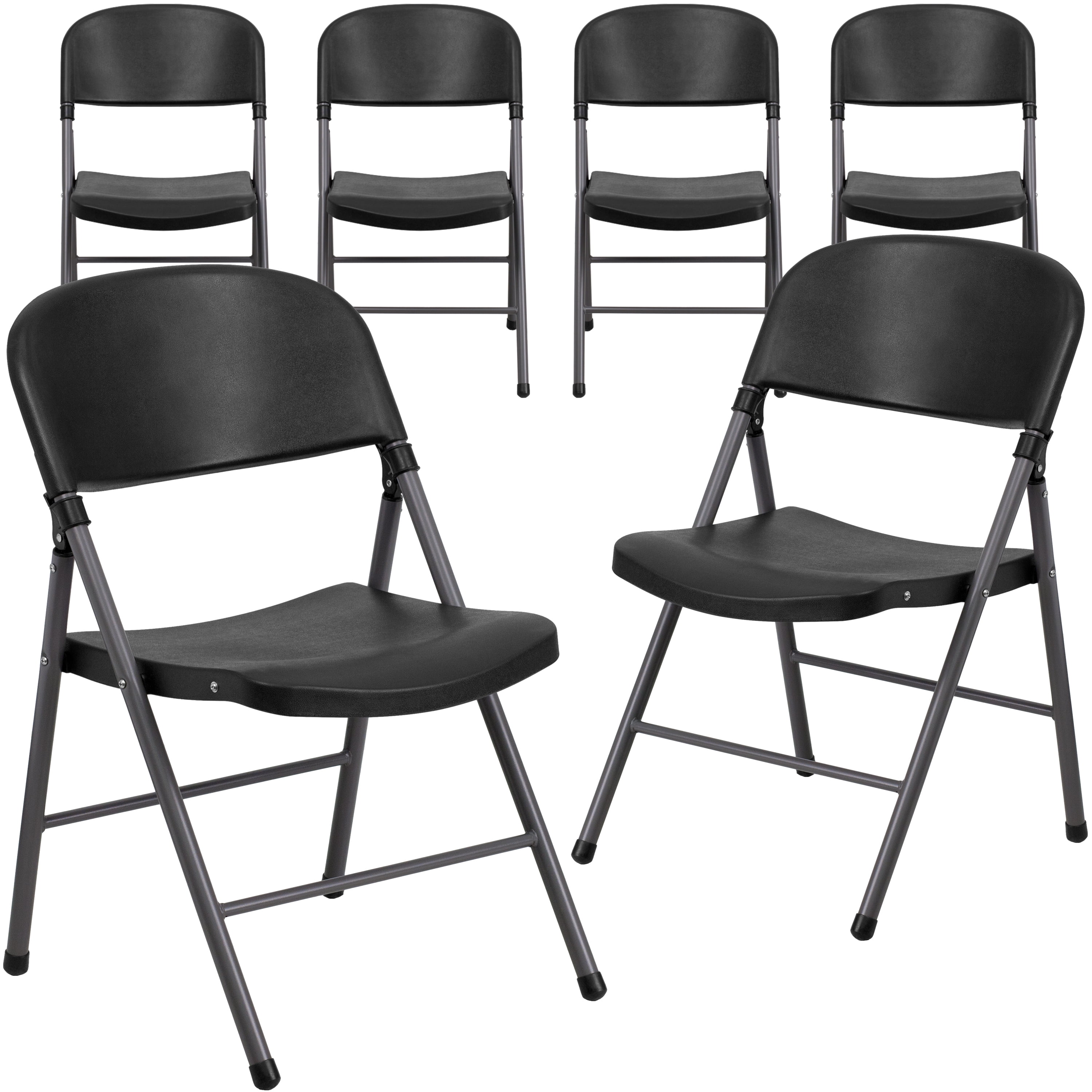 Flash Furniture 6 Pack HERCULES Series 330 lb. Capacity Black Plastic Folding Chair with Charcoal Frame