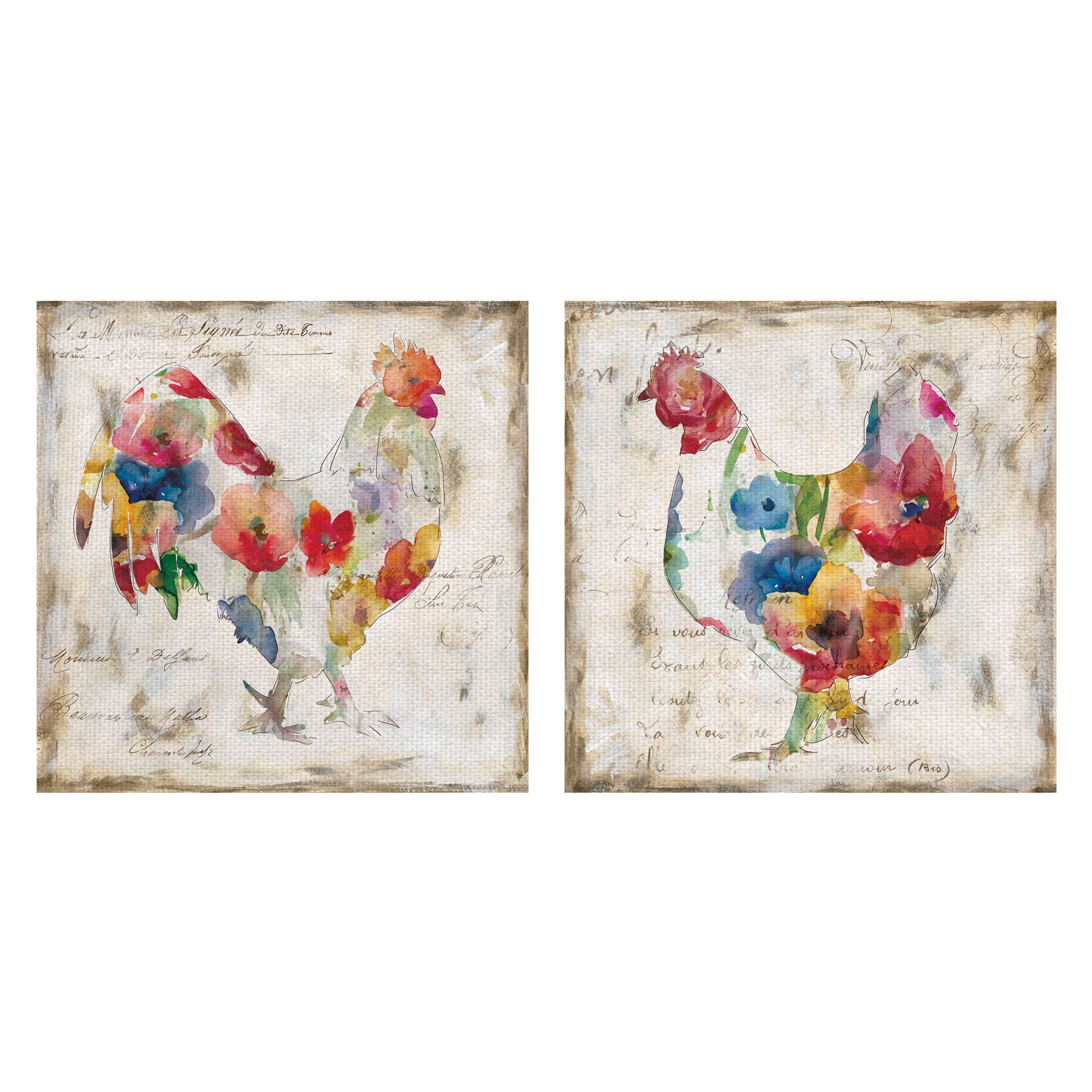 Flowered Hen & Rooster by Carol Robinson Canvas Art Painting Print Set of 3