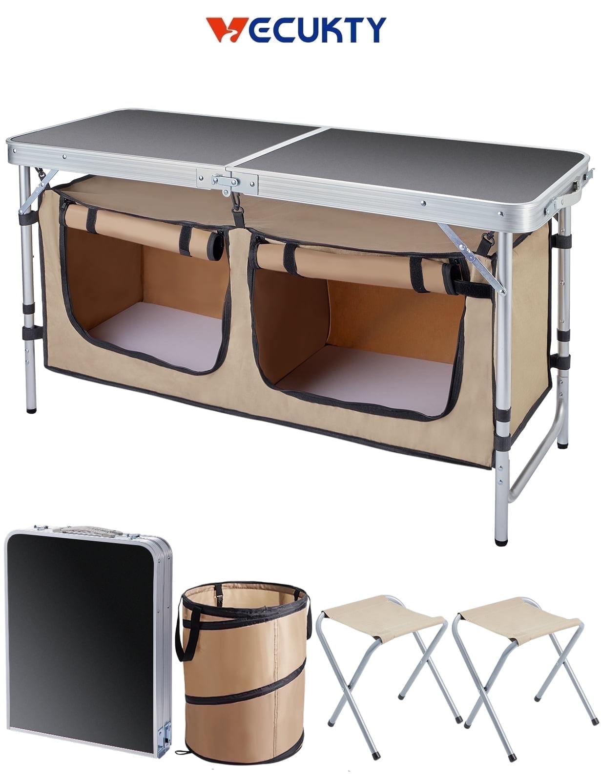 Vecukty Portable Camping Table Set - Aluminum Kitchen Station w/ Storage, Adjustable Feet & Trash Can, brown