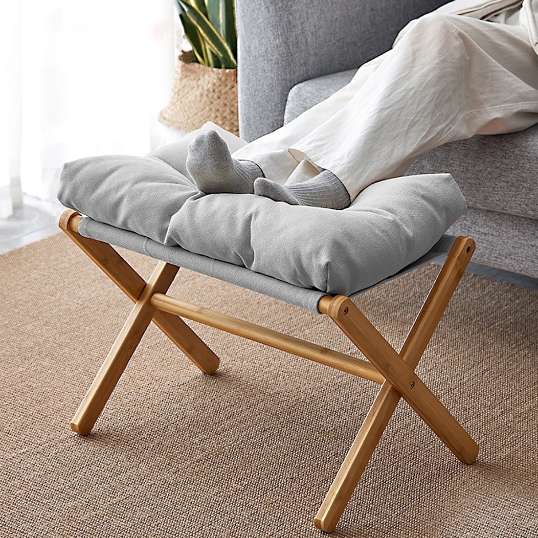 Folding Footrest Stool, Small Portable Bamboo Accent Ottoman, Footstool with Detachable Cotton Cushion Padded