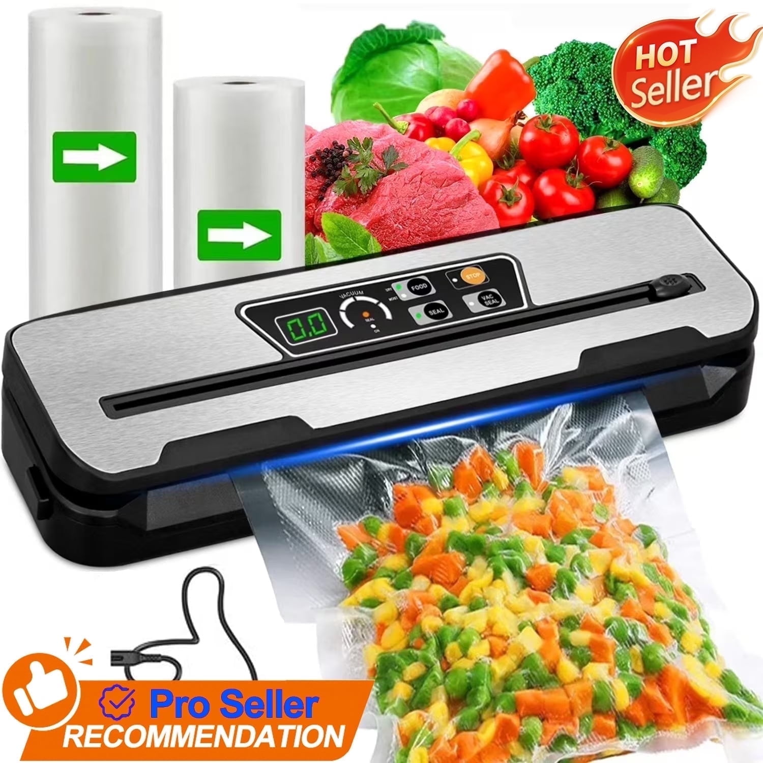 Food Vacuum Sealer Machine with 2 Rolls Food Vacuum Sealer Bags, Food Storage Saver Dry & Moist Food Modes, Led Indicator Lights, Easy to Clean