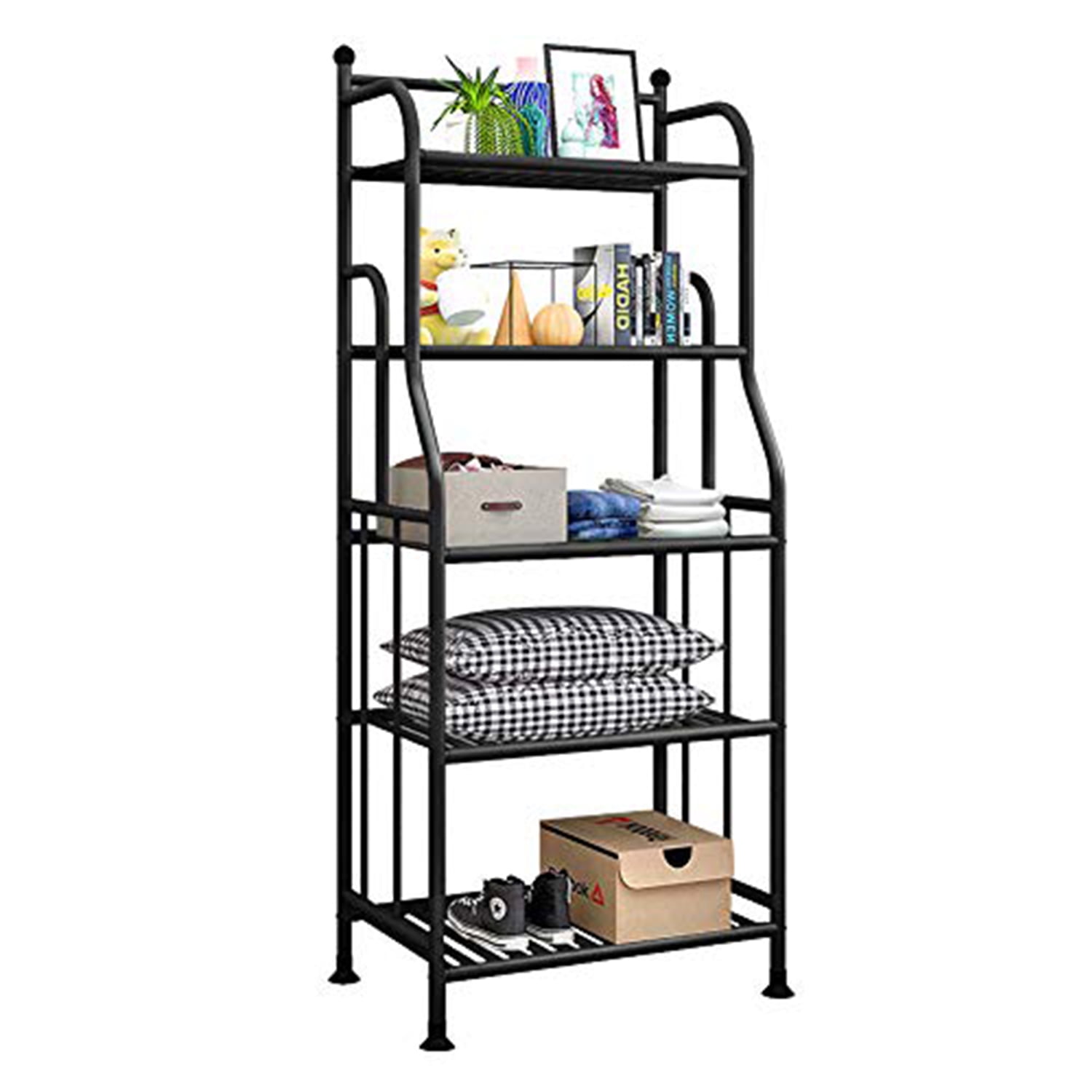 Forthcan 5 Tiers Plant Stand Metal Flower Pots Holder Storage Shelf Kitchen Black Bakers Rack Laundry Shelving Organizer Bathroom Storage Rack