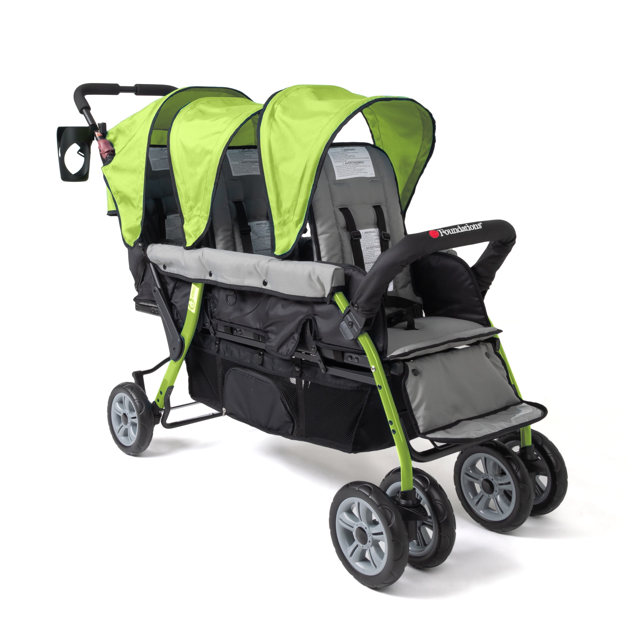 Foundations Compass Trio Triple Stroller, 3-Seat Tandem with UV Canopies and Reclining Seats, Lime