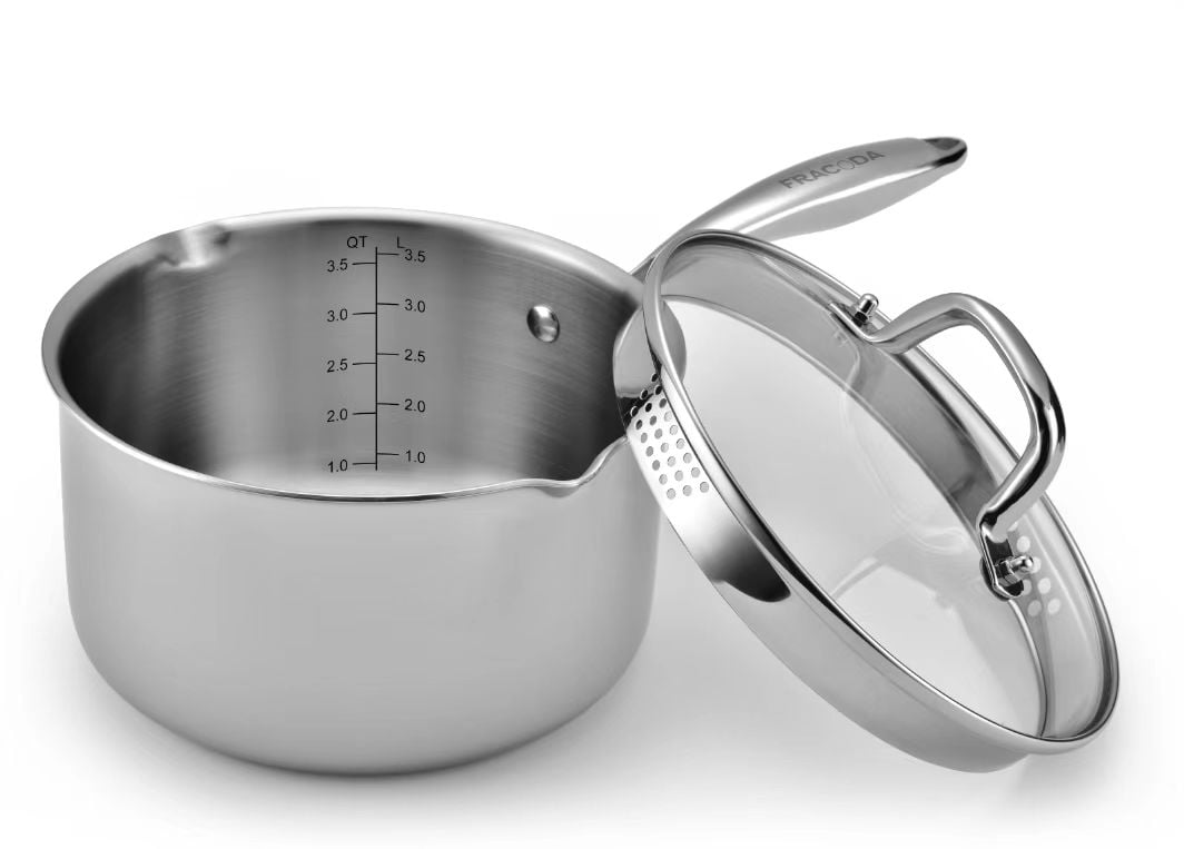 Fracoda 3.5 Quart Saucepan with Strainer Glass Lid, Stainless Steel Sauce Pot for Stove Top, Cooking Pot with Spouts, Multipurpose Pour Sauce Pan with Straining Lid for Cooking Induction Pots