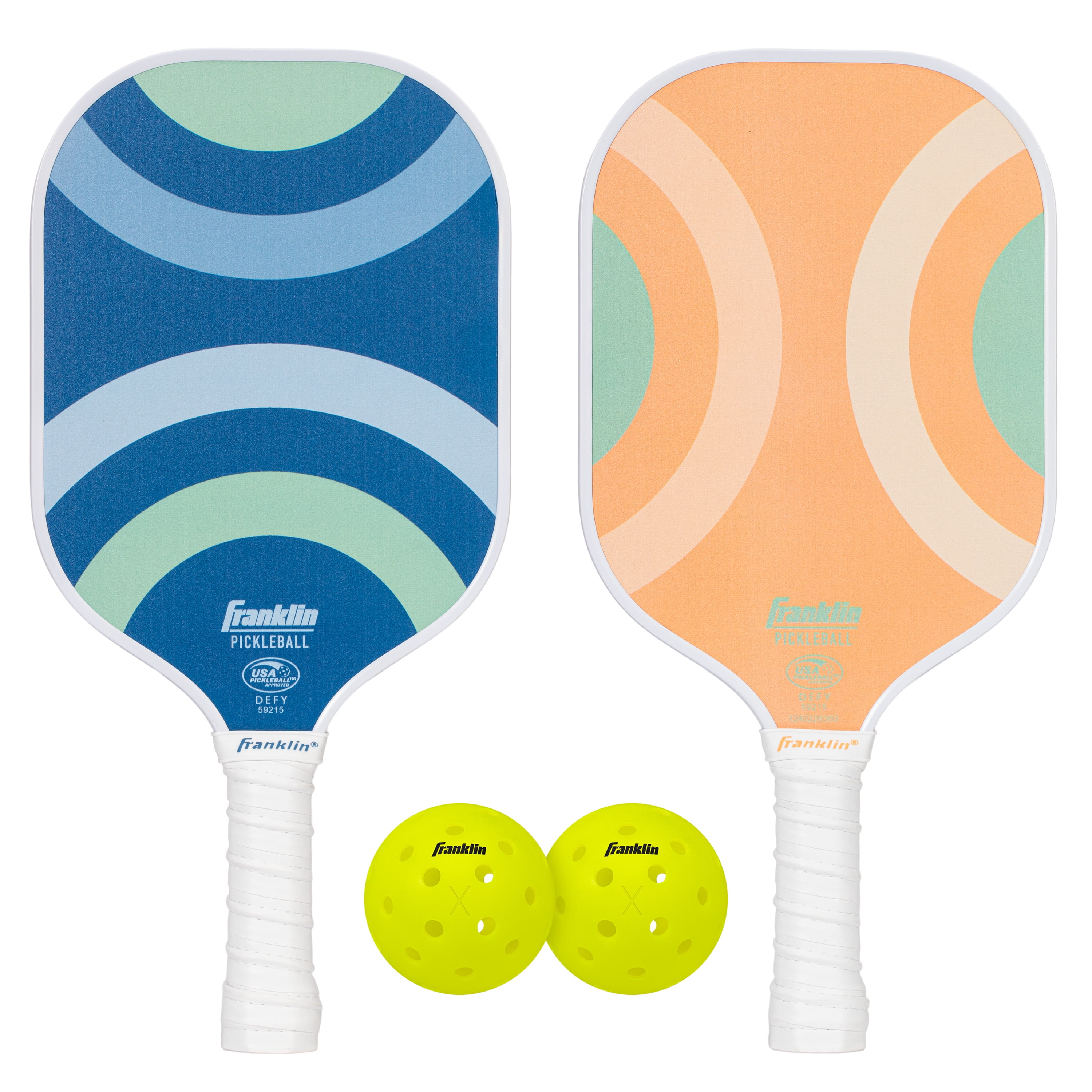 Franklin Sports Polymer Paddle and Ball Set - (2) Fiberglass Pickleball Rackets + (2) X-40 Pickleballs - USAPA Approved - Blue/Orange