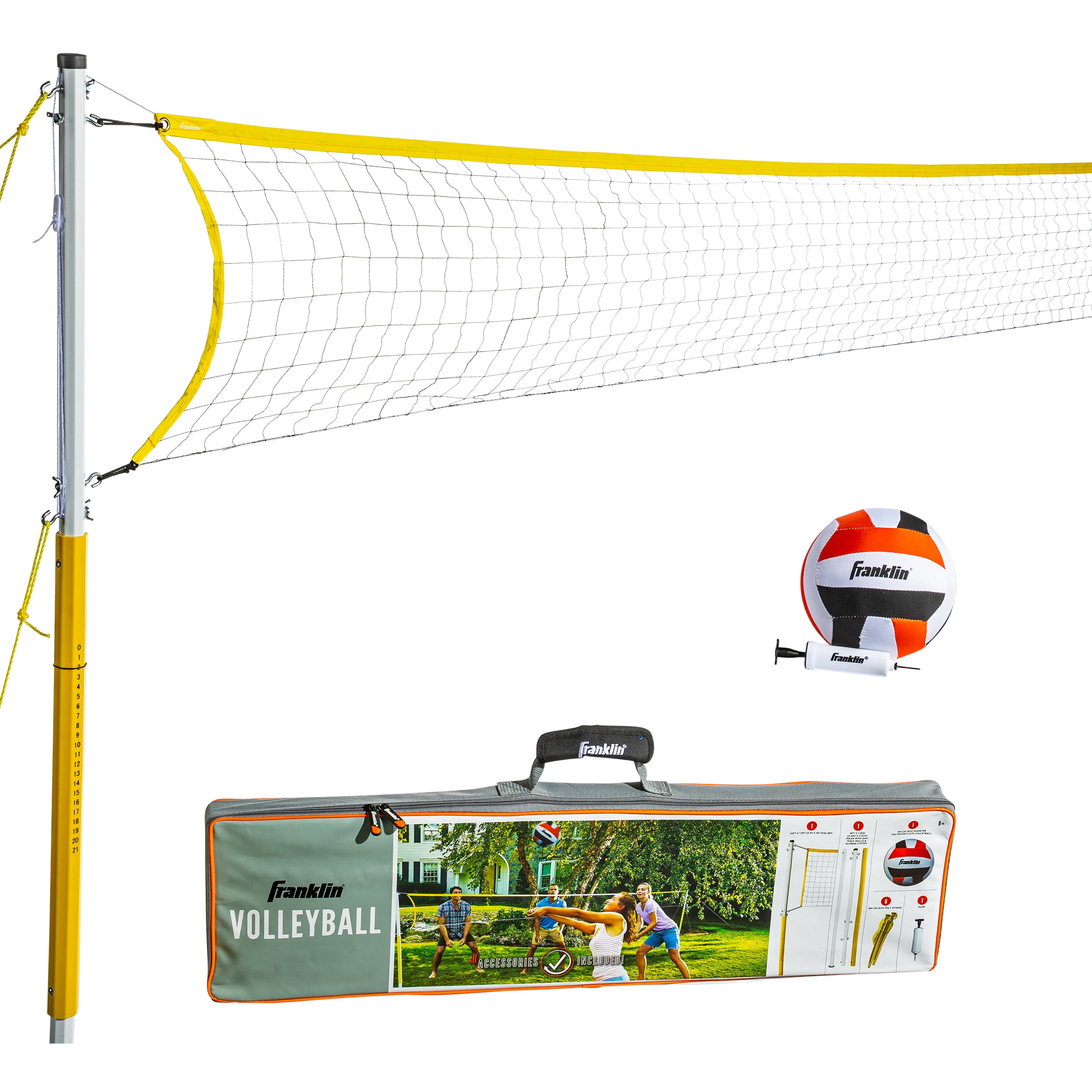 Franklin Sports Volleyball Net Family Set - Includes Cloth Volleyball with Pump, Adjustable Net, Stakes, Ropes - Beach or Backyard Volleyball - Easy Setup