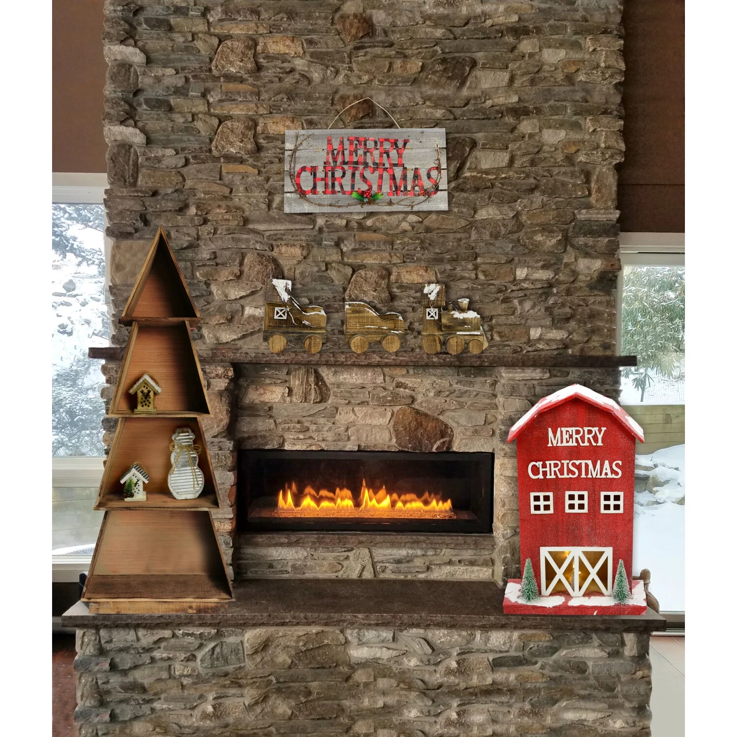 Fraser Hill Farm Woodland Christmas 7-Piece Decorating Kit: Tree Shelf, Lighted Barn, Train, Wall Sign, Snowman, and 2 Birdhouse Ornaments