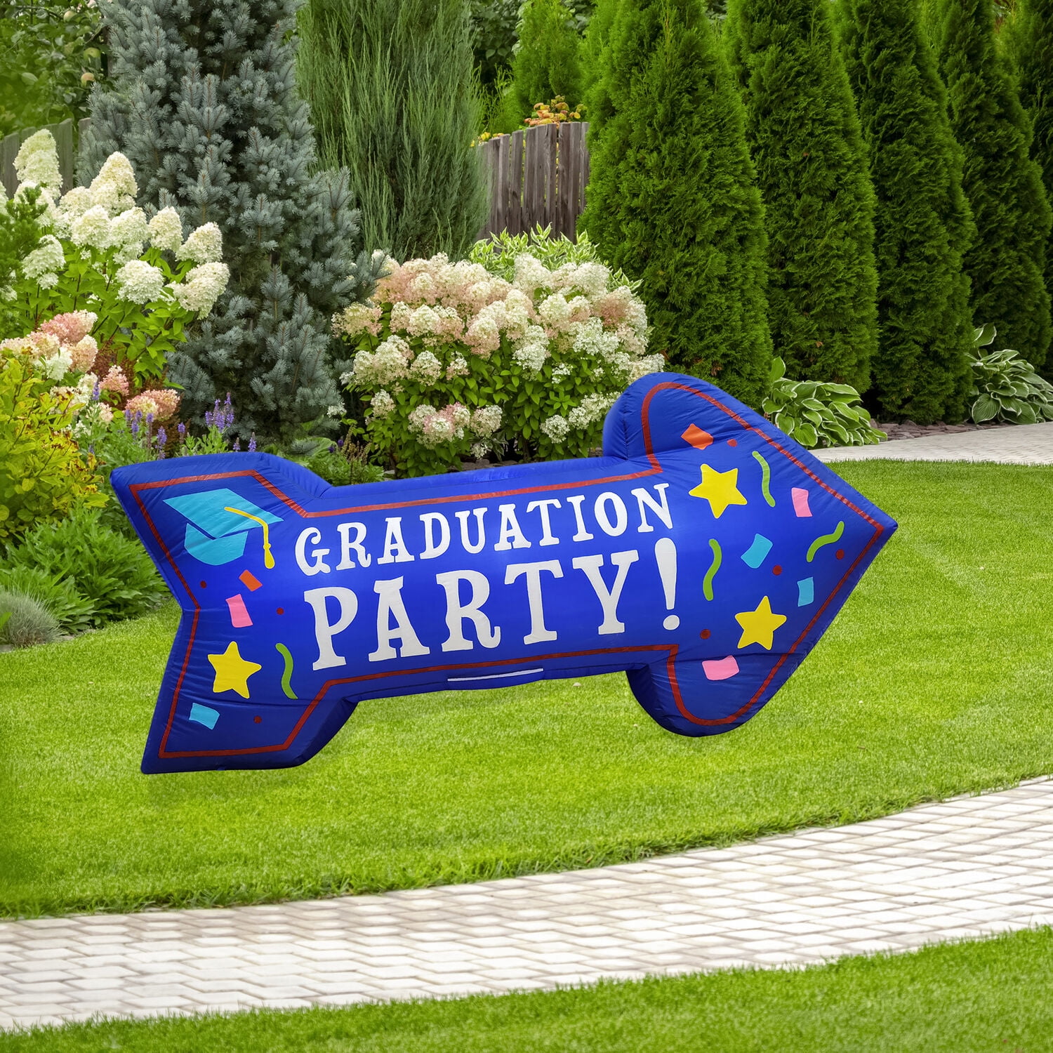Fraser Hill Farm 8-Ft. Wide Graduation Party Arrow | Outdoor Blow-Up Inflatable with Lights | FHINGDPRTY081-L