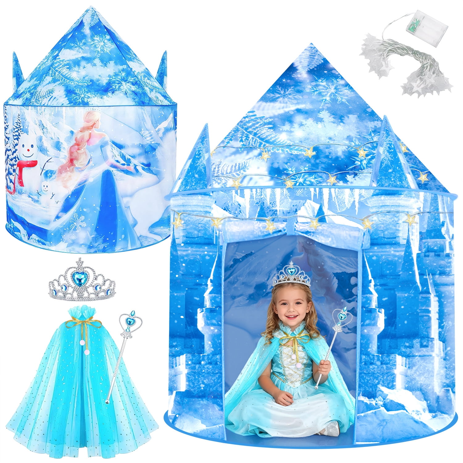 Freecat Play Tent for Girls, 53 inch Light up Ice Castle Playhouse w/ Windows &Doors, Girls Christmas Toy Gift for Indoor/Outdoor Use, Birthday Party Gift for Kids 3-6 5-7 Years.