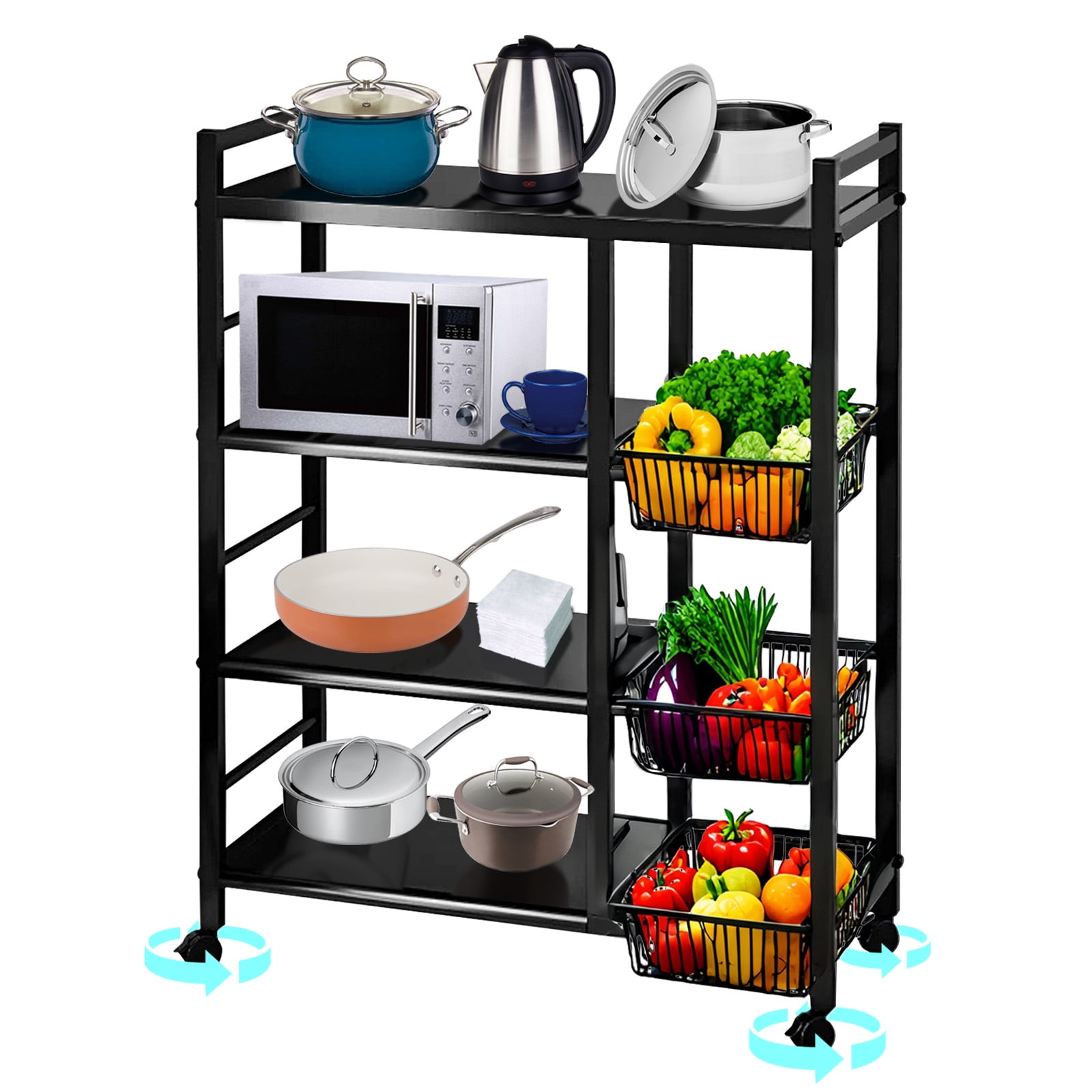 Freestanding Kitchen Storage Rack, Multi-Functional Multi-Layer Mobile Storage Shelf, 4 Tiers with 3 Baskets, Suitable for Kitchen, Bedroom, Living Room, and Balcony