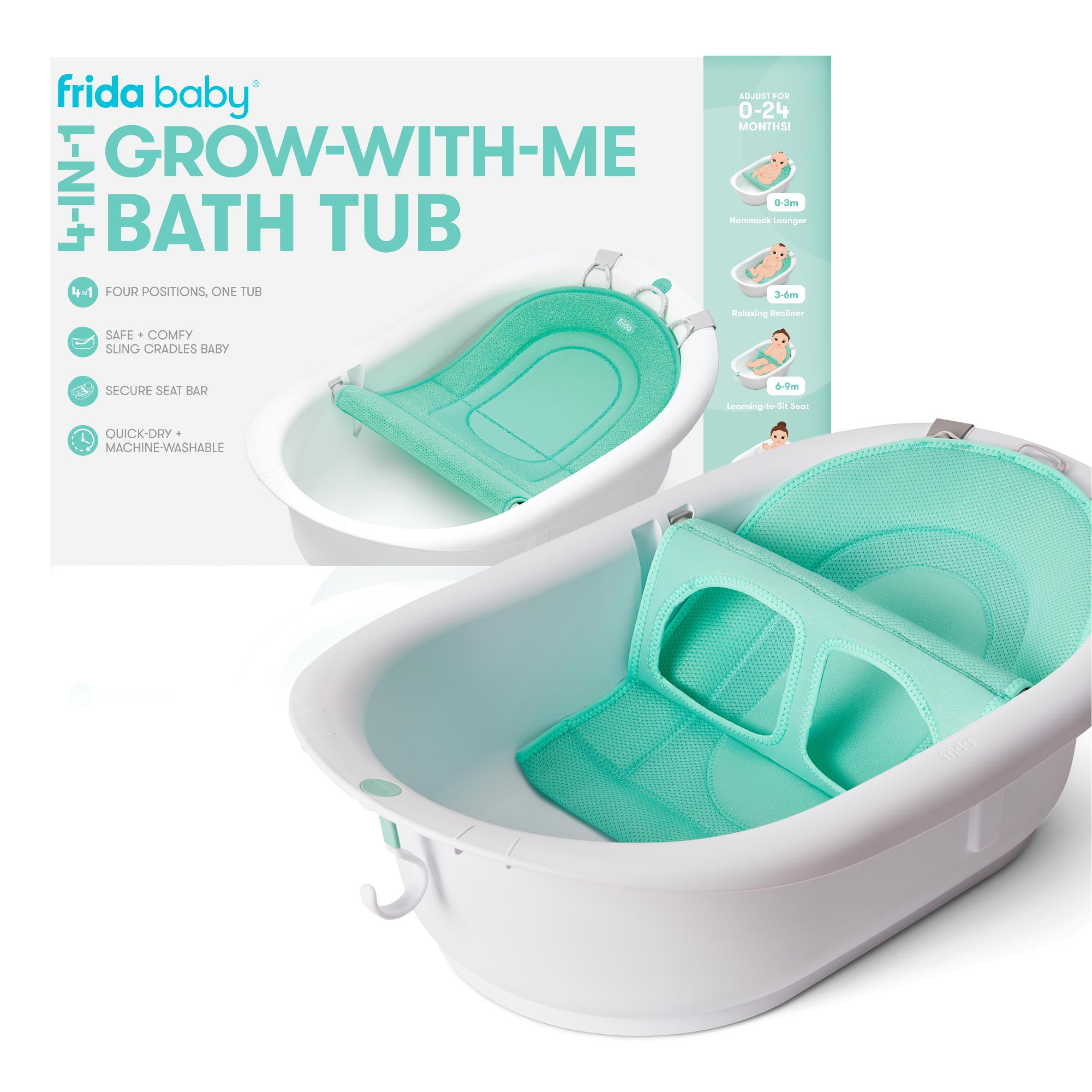 Frida Baby 4 in 1 Grow with Me Baby Bathtub for Newborn to Toddler, White, Rigid Baby Bath, Unisex