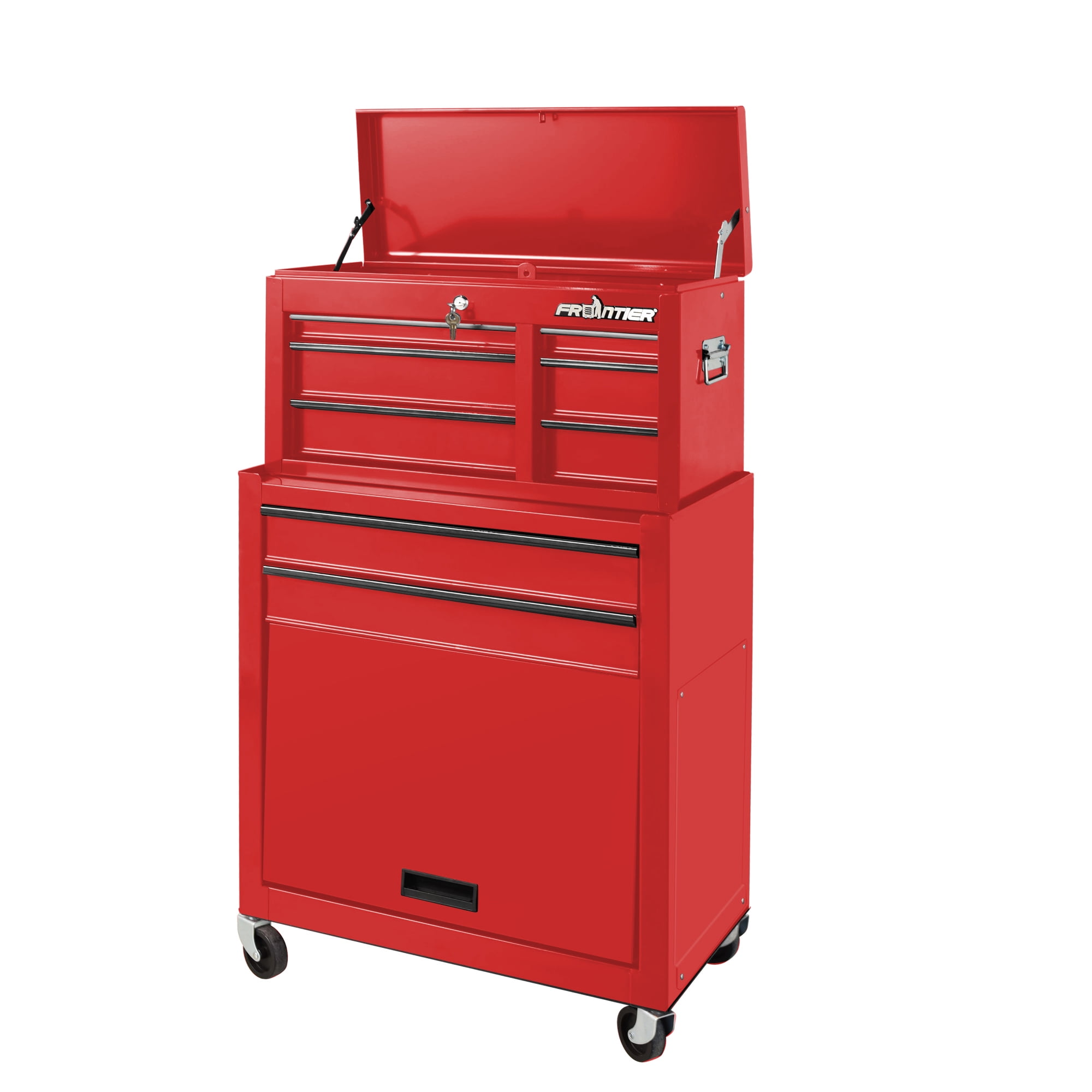 Frontier 24-inch 5 drawer tool chest organizer combo in RED. Includes top and bottom chest