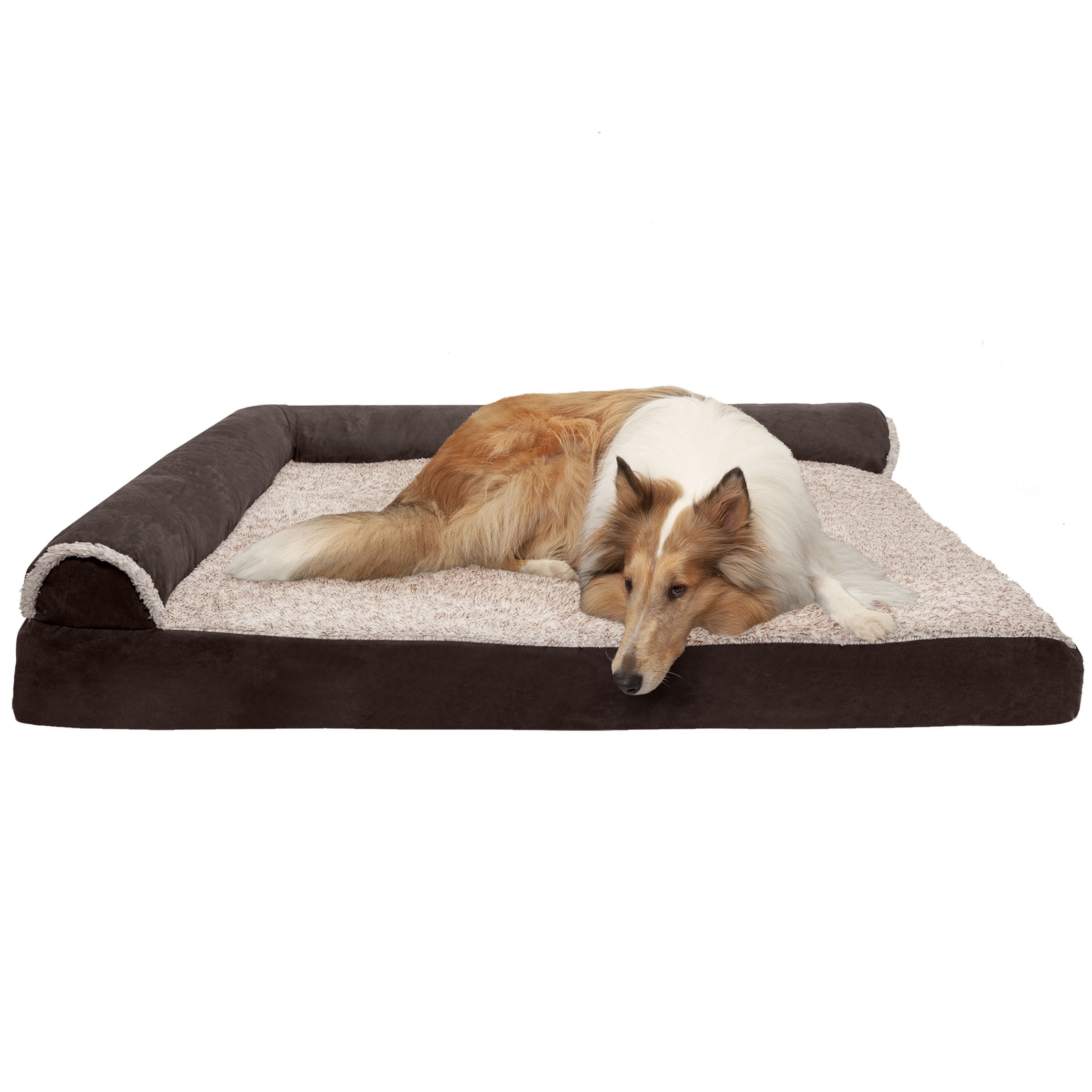 FurHaven Pet Products Two-Tone Faux Fur & Suede Cooling Gel Top Deluxe Chaise Lounge Pet Bed for Dogs & Cats - Espresso, Jumbo Plus