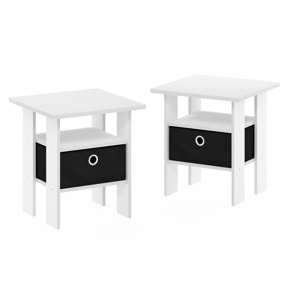 Furinno Andrey End Table Nightstand with Bin Drawer, Set of 2, White/Black
