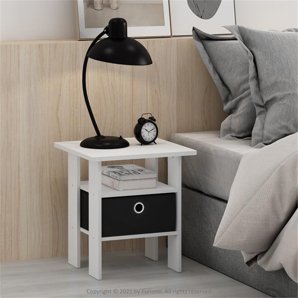 Furinno Andrey End Table Nightstand with Bin Drawer, Set of 2, White/Black