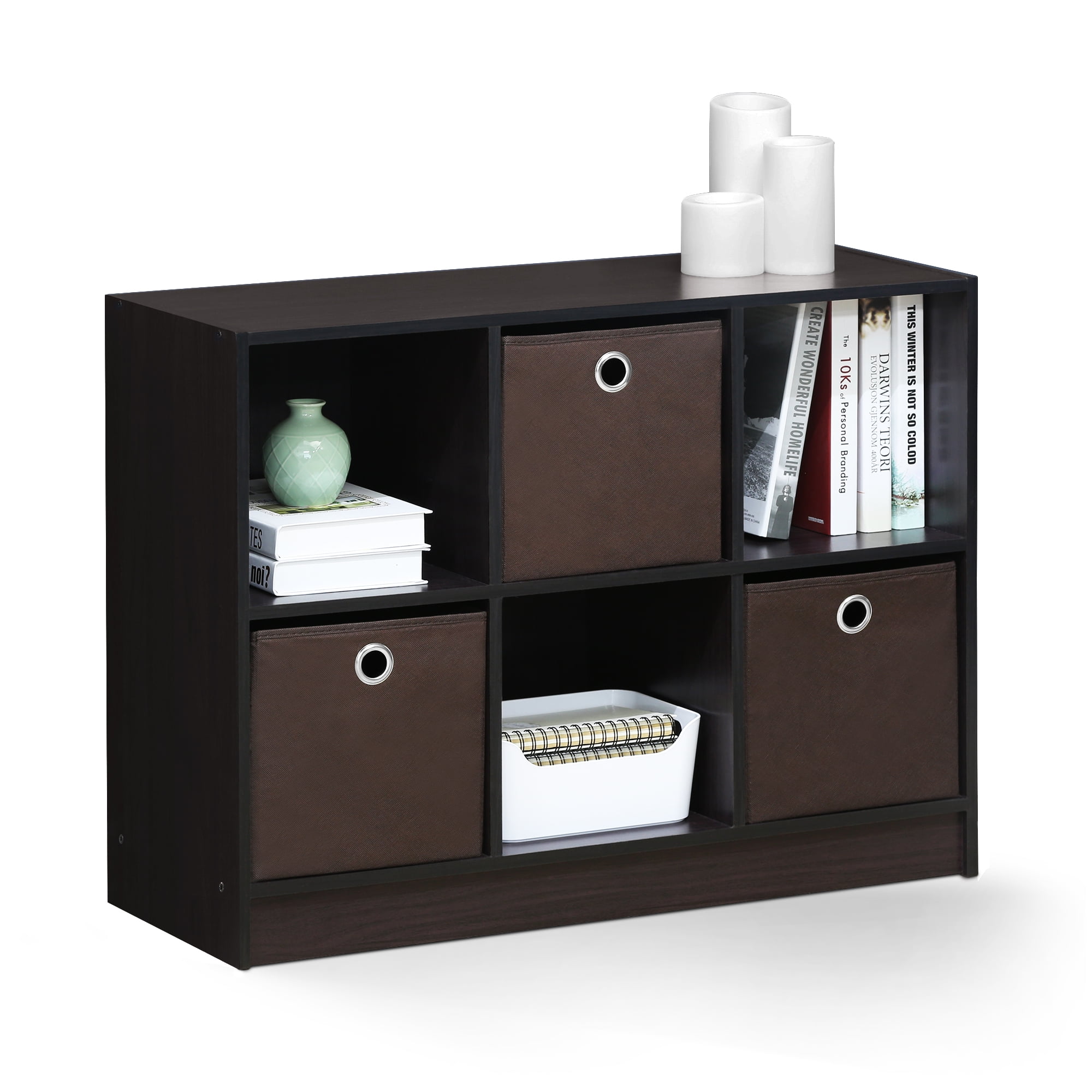 Furinno Basic 6 Cube Storage Organizer Bookcase Storage with Bins, Dark Walnut