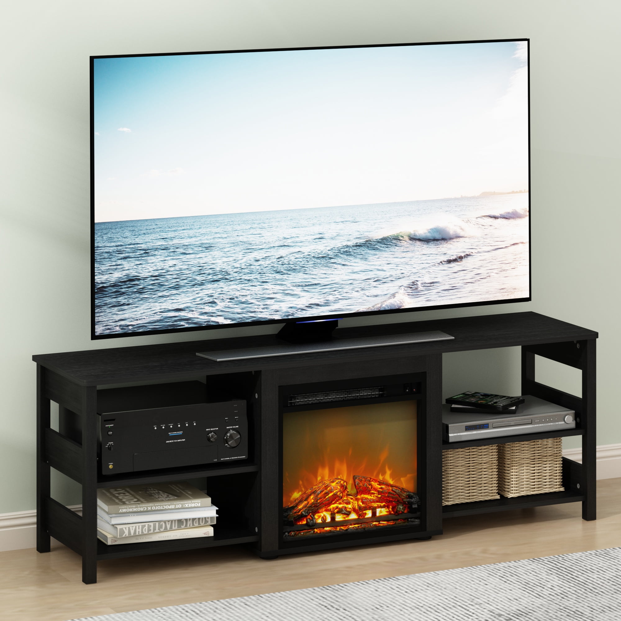 Furinno Montale 70 Inch TV Stand with Fireplace, Americano