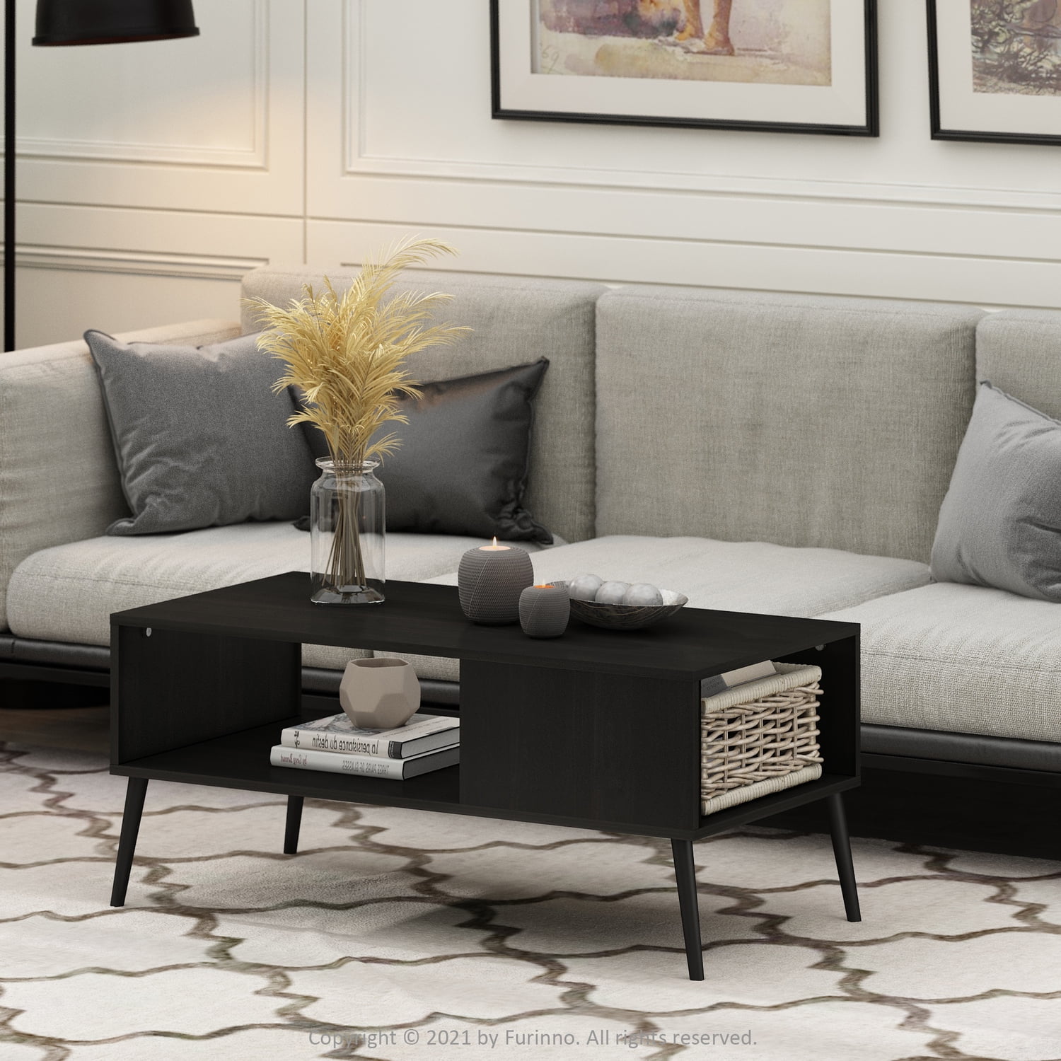 Furinno Claude Mid Century Style Coffee Table with Wood Legs, Espresso