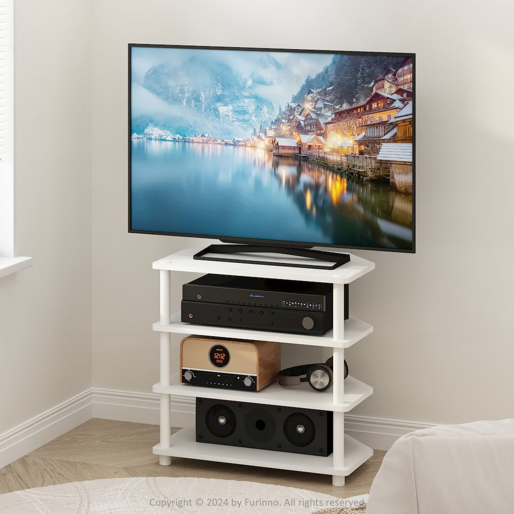 Furinno Econ Easy Assembly 4-Tier Petite TV Stand, White/White