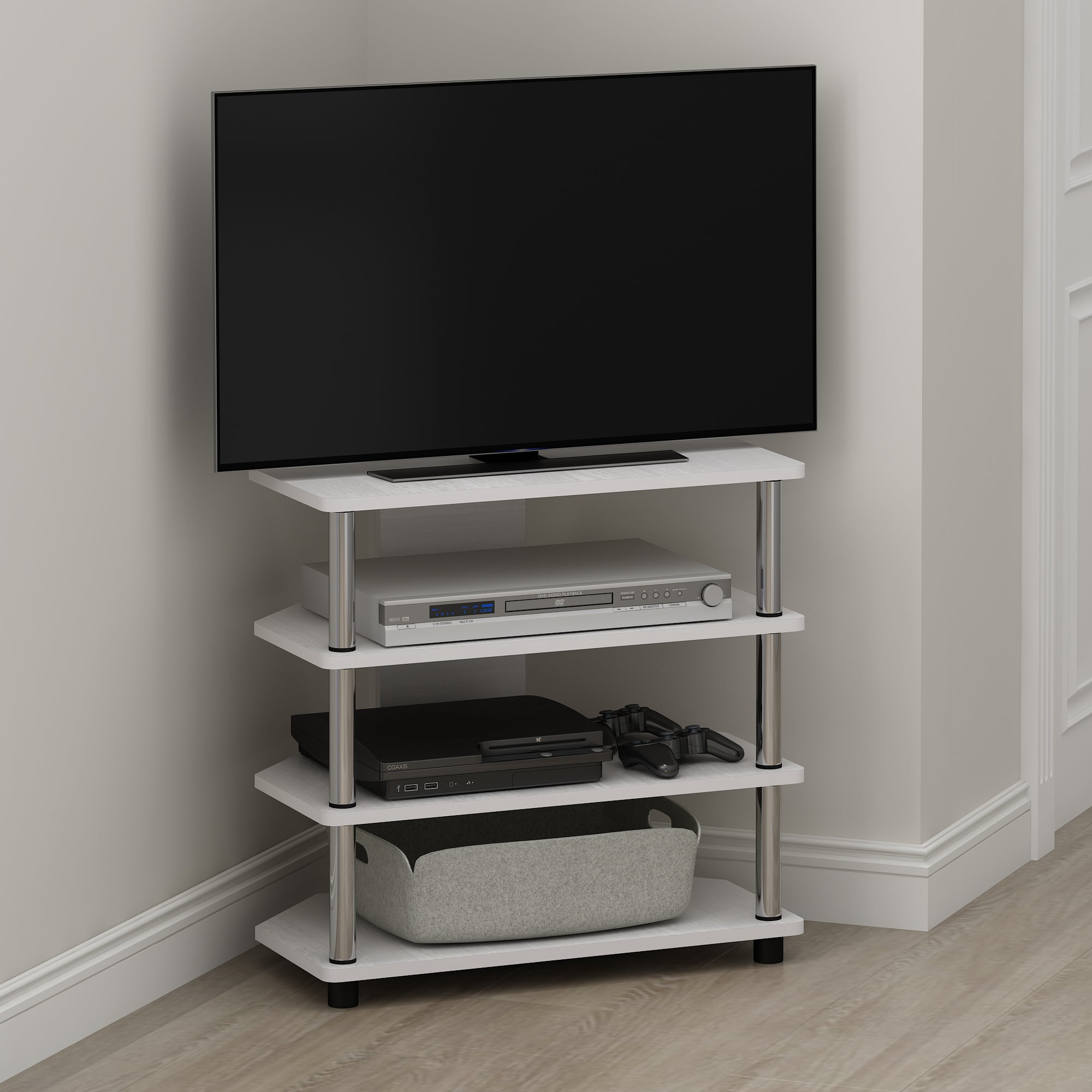Furinno Econ Easy Assembly 4-Tier Petite TV Stand, White Oak/Chrome