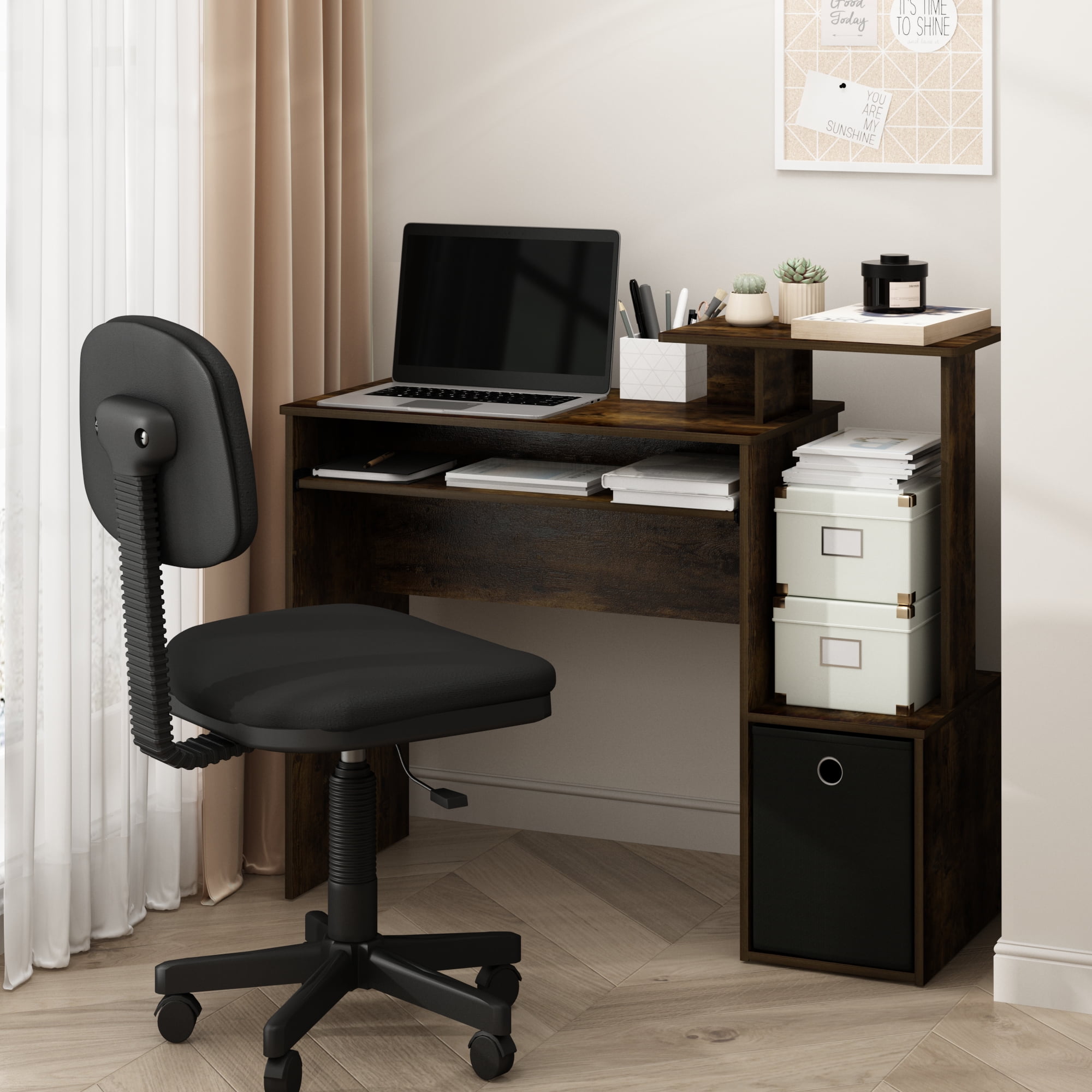 Furinno Econ Multipurpose Home Office Computer Writing Desk with Bin, Amber Pine/Black