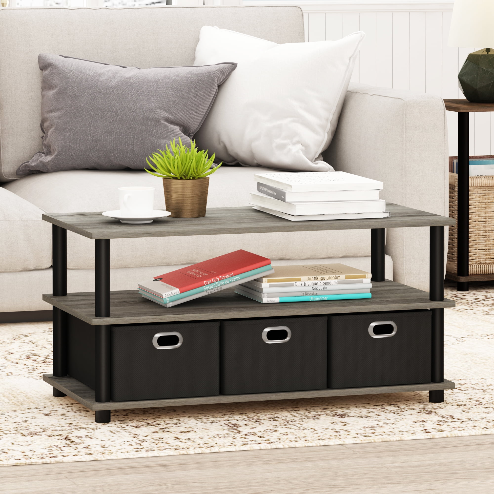 Furinno Frans Turn-N-Tube Coffee Table with Bin Drawers, French Oak Grey/Black/Black