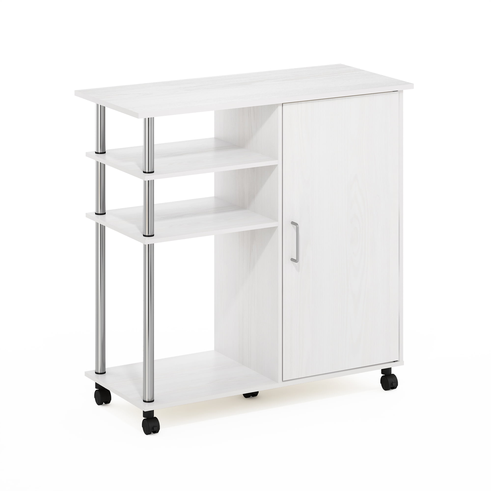 Furinno HELENA Bakers Rack with Wheels, 4-Tier Rolling Kitchen Island, Kitchen Cart, with Closed Cabinet, Coffee Bar, Pantry Organizers and Storage, White Wood