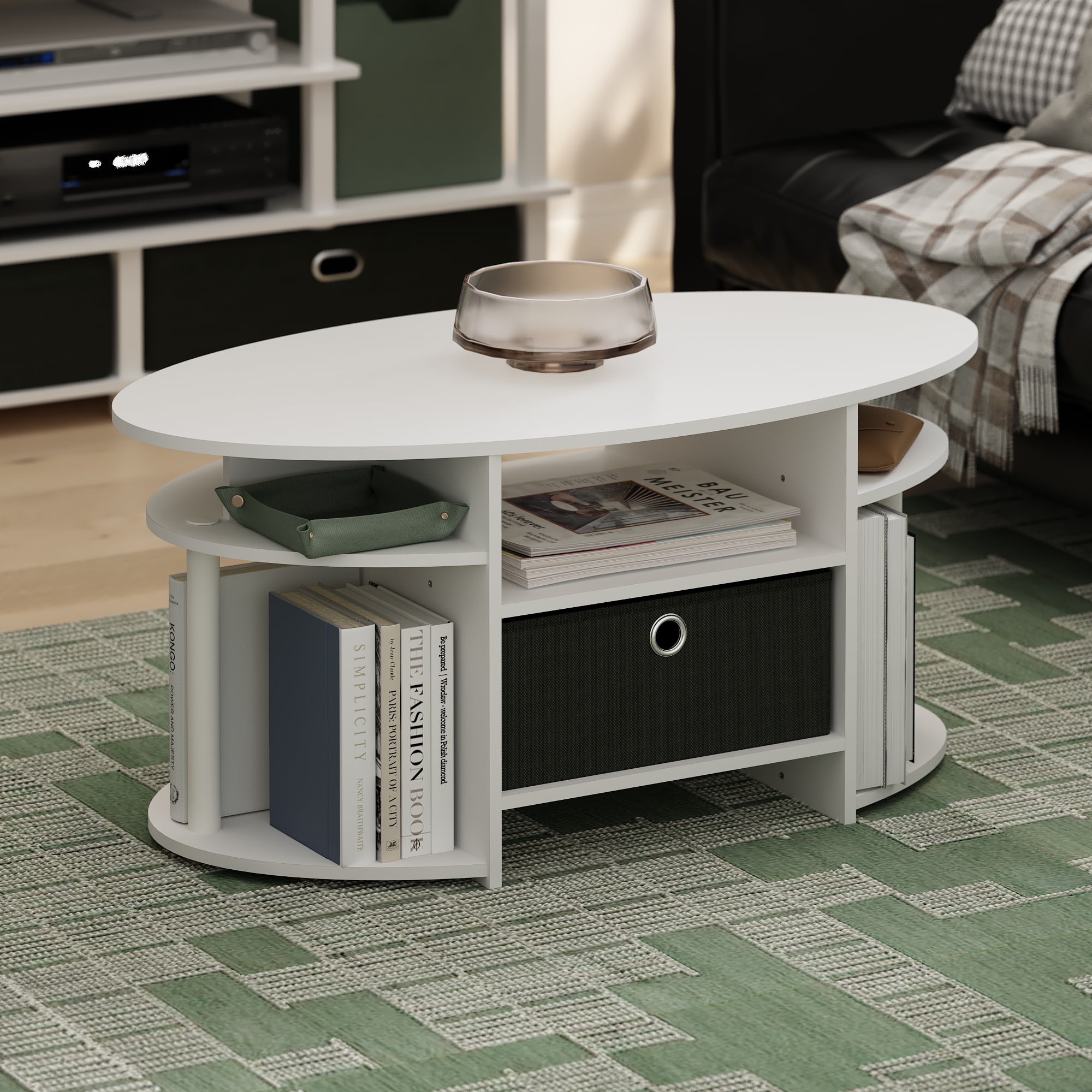 Furinno JAYA Simple Design Oval Coffee Table with Bin in White/White/Black