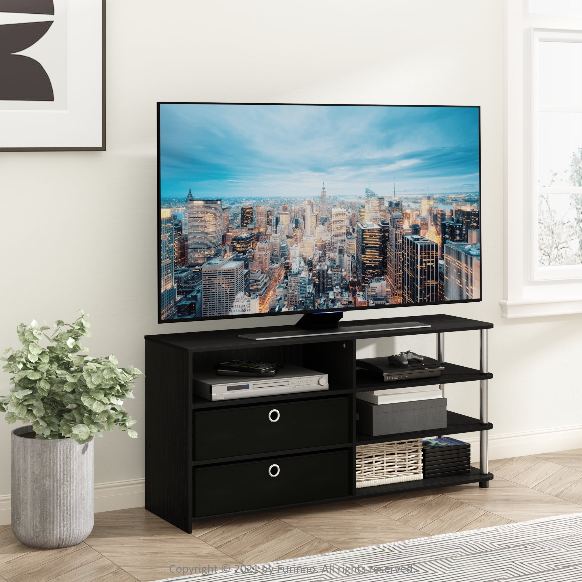 Furinno JAYA Simple Design TV Stand for up to 55-Inch with Bins, Americano, Stainless Steel Tubes