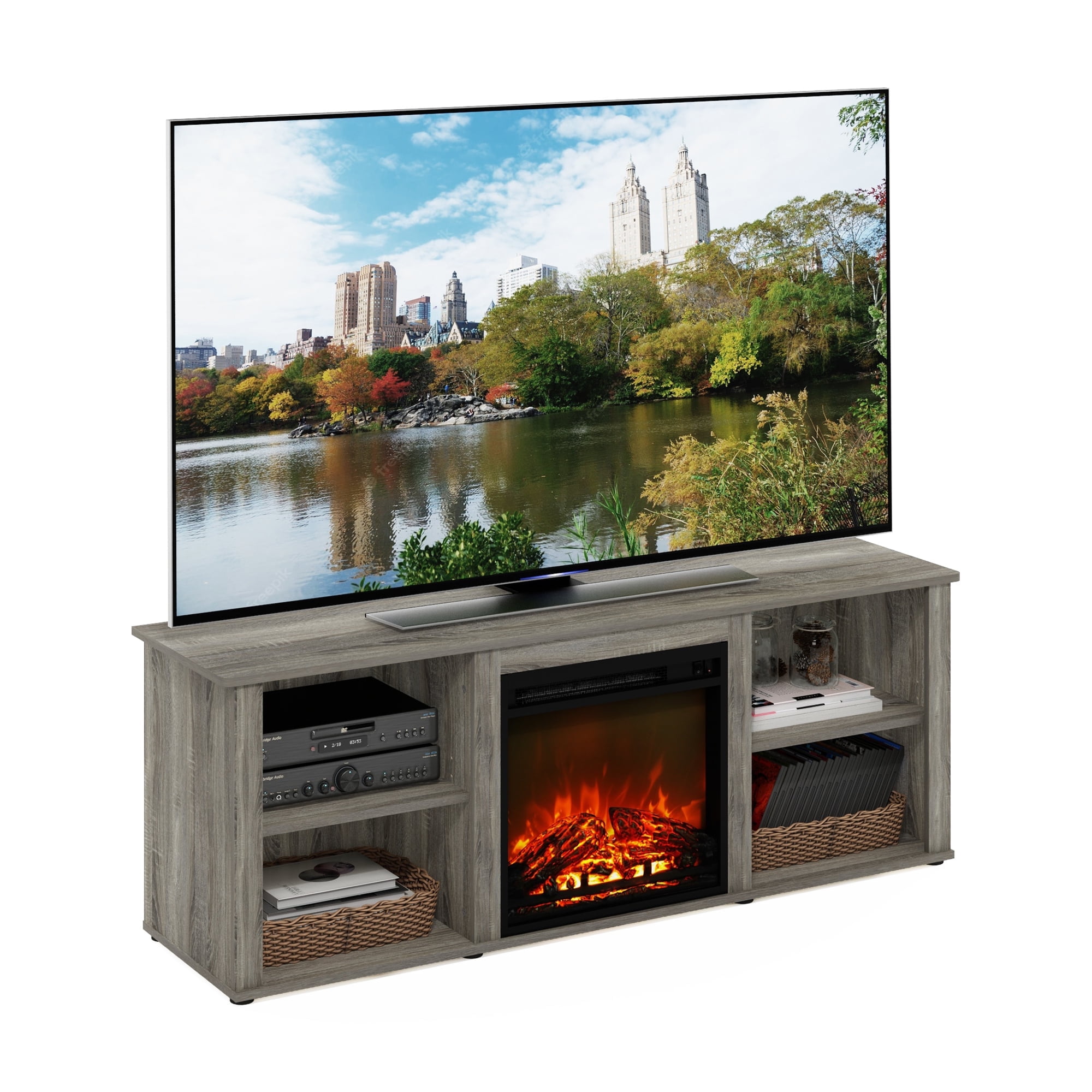 Furinno Montale 60 Inch TV Stand with Fireplace, French Oak Grey