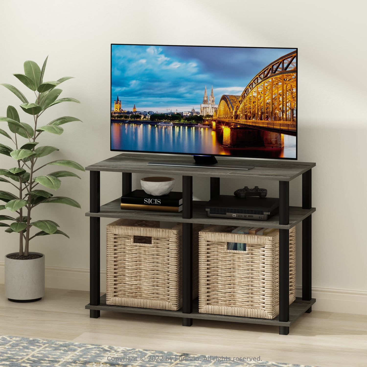 Furinno Romain Turn-N-Tube TV Stand for TV up to 40 Inch, French Oak/Black