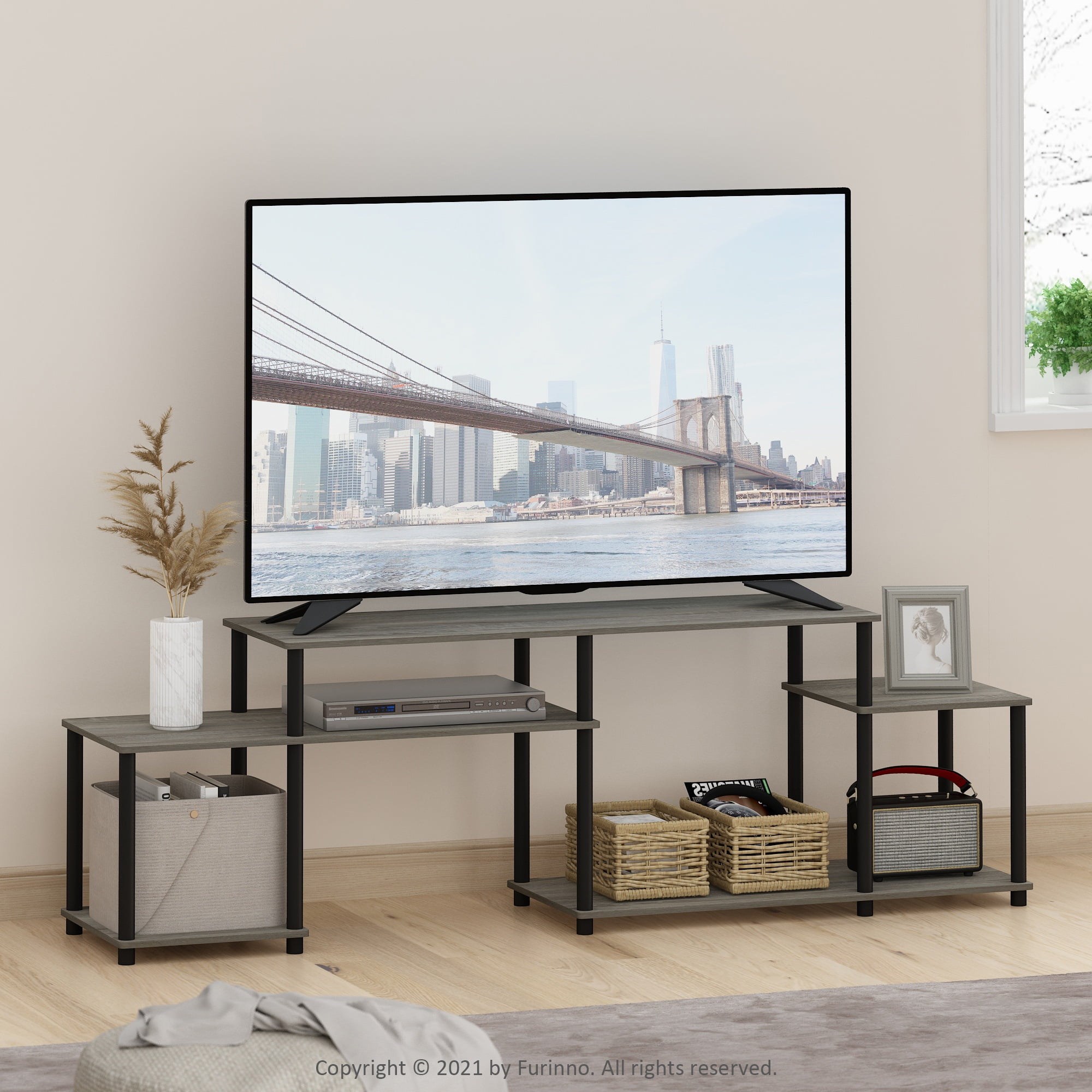 Furinno Turn-N-Tube Handel TV Stand for TV up to 55 Inch, French Oak Grey/Black