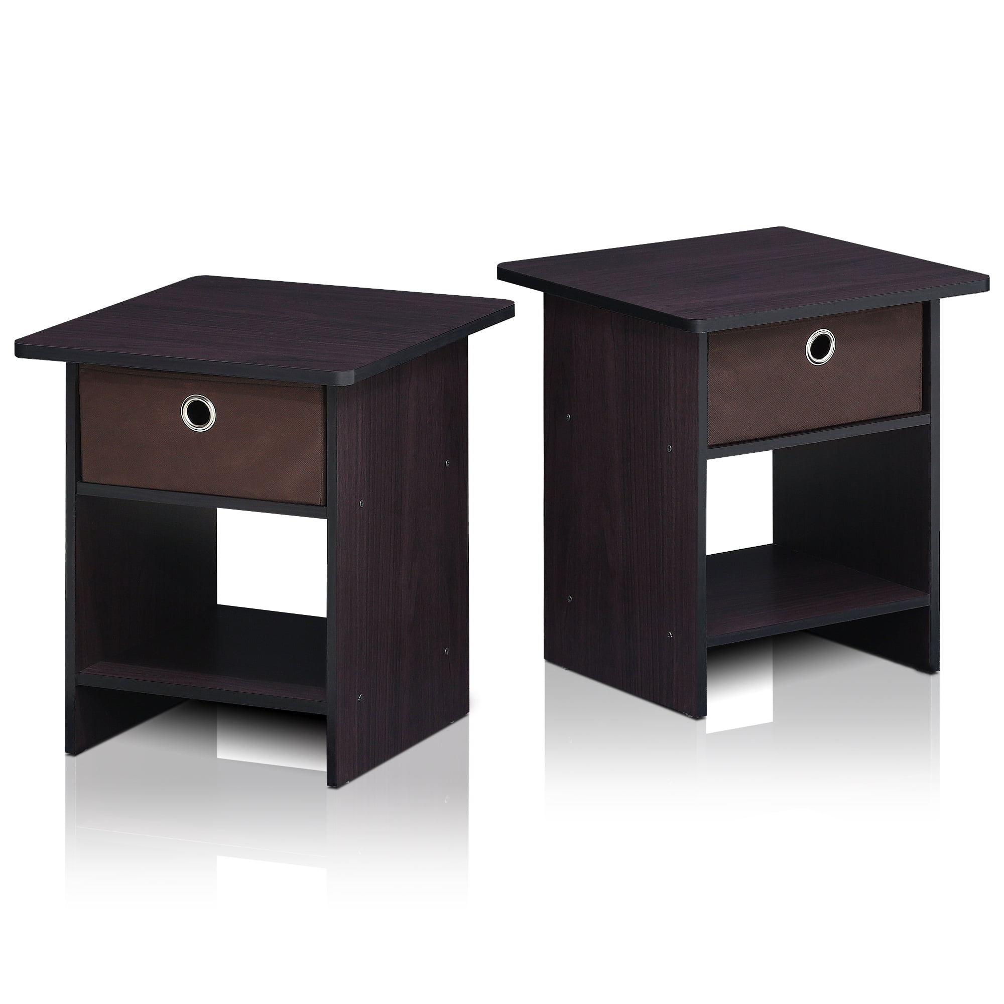 Furinno 2-10004DWN End Table & Night Stand Storage Shelf with Bin Drawer, Dark Walnut - Set of 2