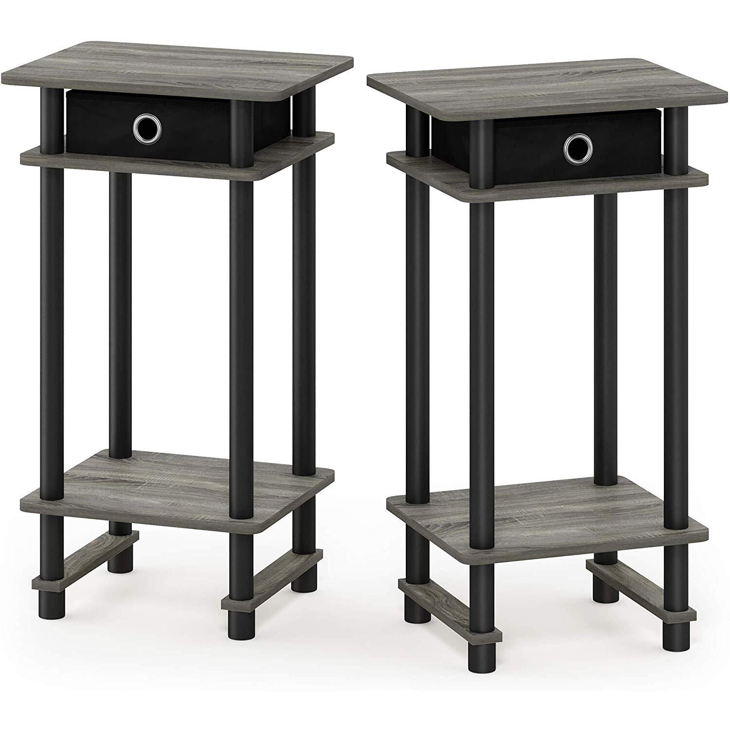 Furinno 2-17017 Turn-N-Tube Tall End Table with Bin, French Oak Grey/Black/Black, Set of 2