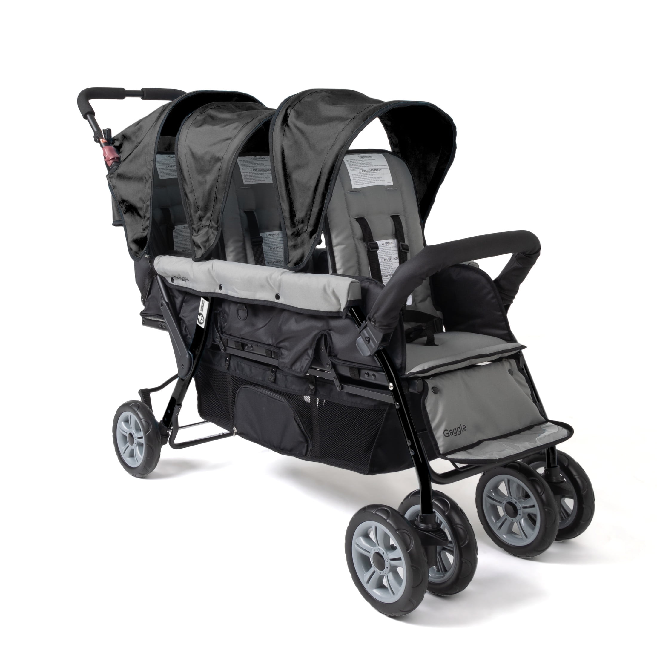 Foundations Compass Trio Triple Stroller, 3-Seat Tandem with UV Canopies and Reclining Seats, Black