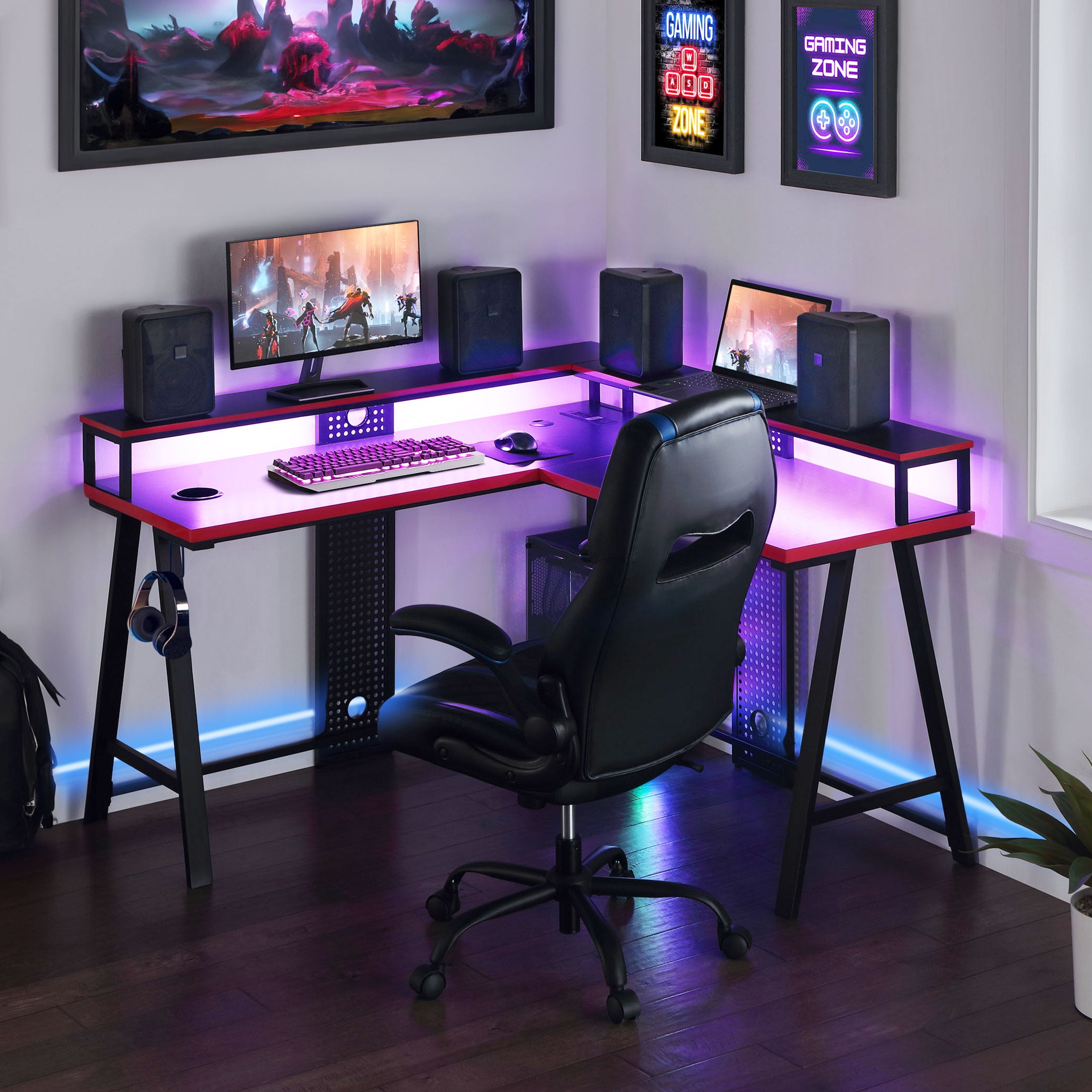 Gamer Gear Gaming L-Shaped Desk with LED, Risers and Power Station