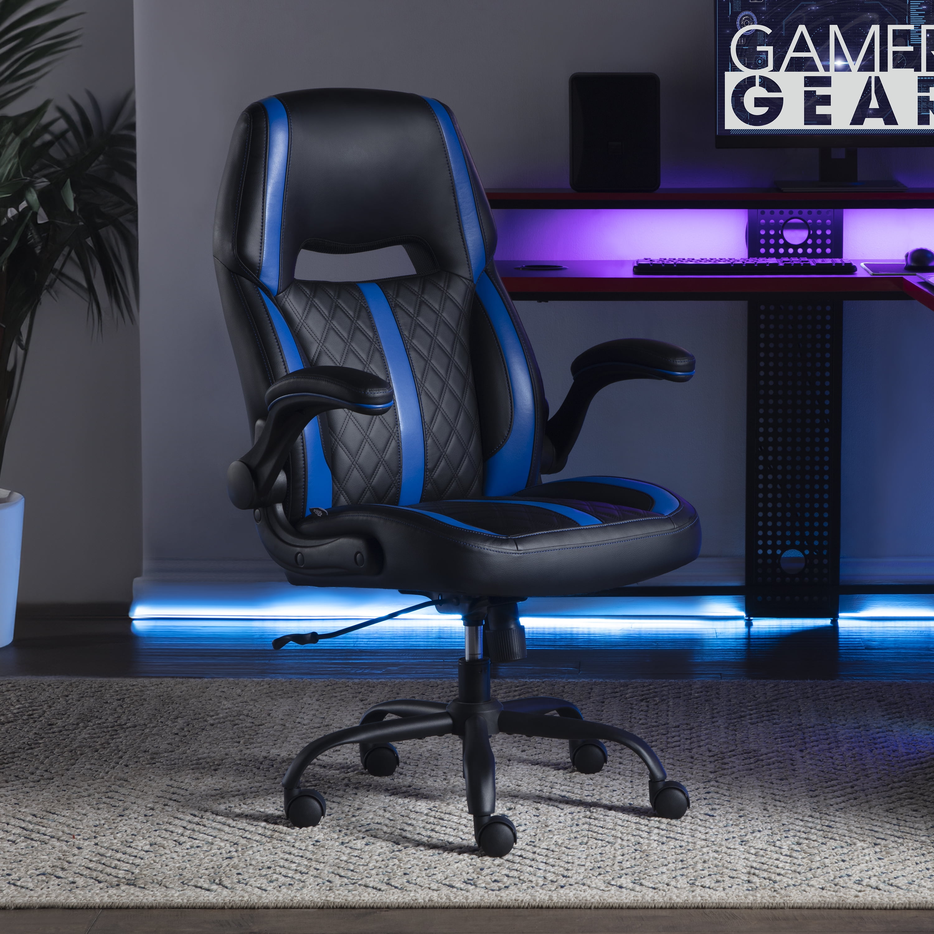 Gamer Gear Maven Gaming Chair with Flip-Up Armrest and Adjustable Height and Tilt, Teens and Adults, Black and Blue Accents
