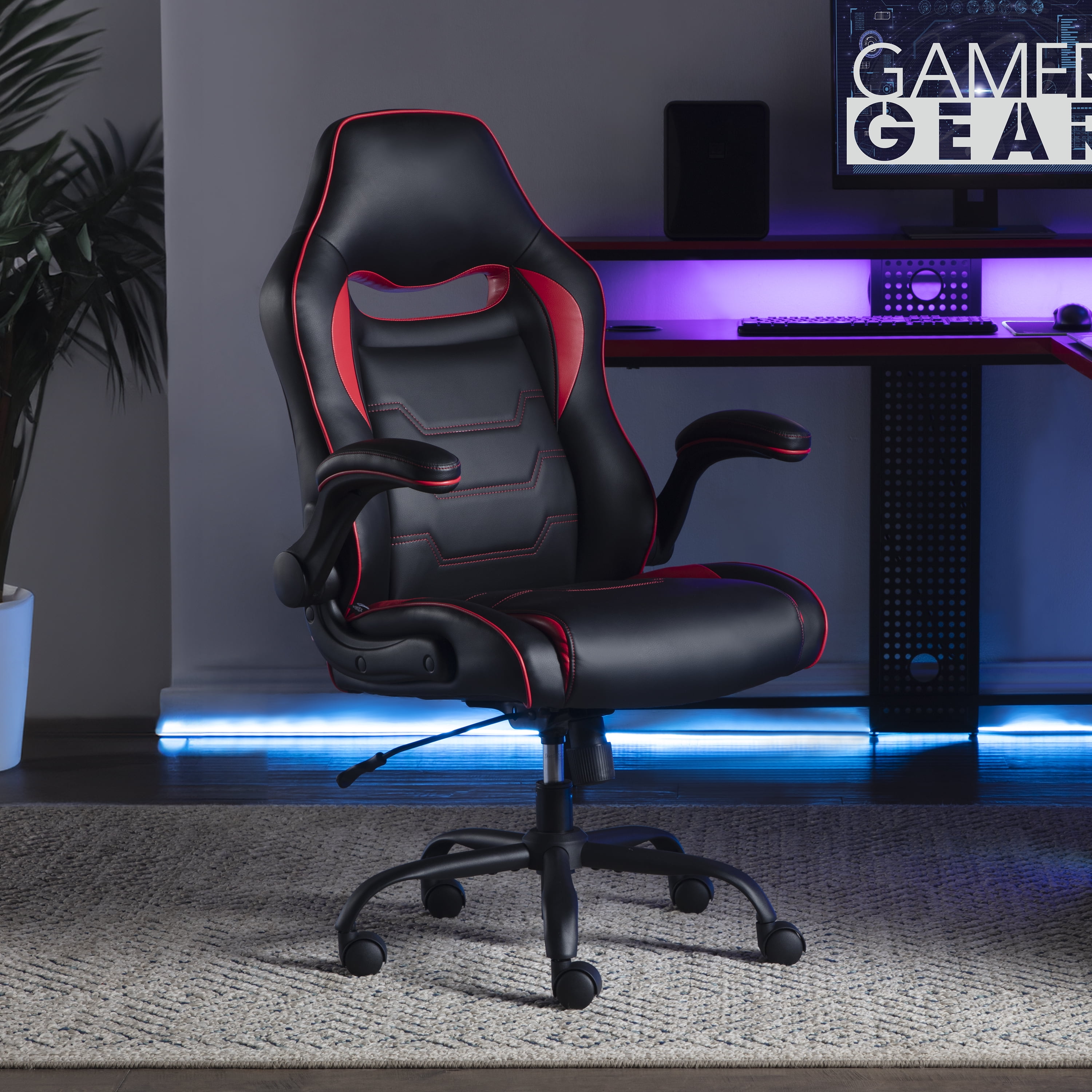 Gamer Gear Sentry Gaming Chair with Flip-Up Armrest and Adjustable Height and Tilt, Teens and Adults, Black and Red Accents